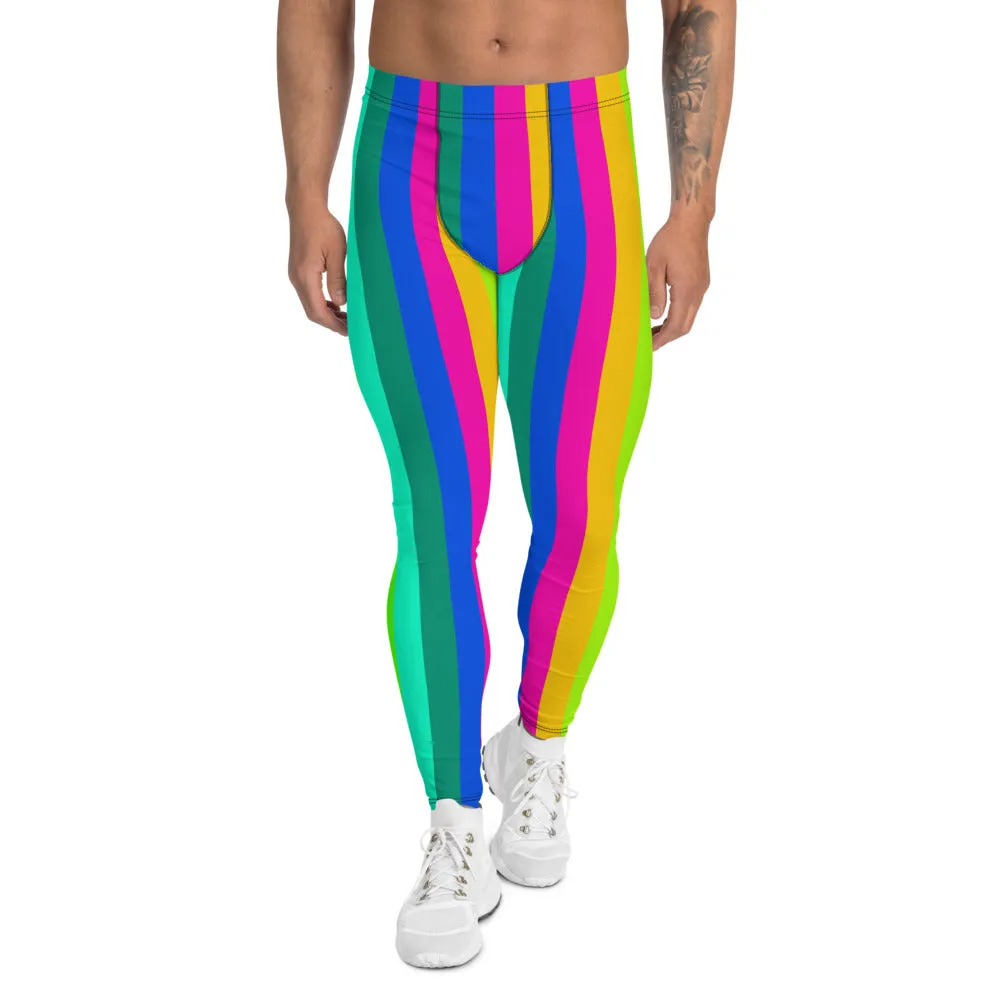 Rainbow Striped Print Men's Leggings, Black Colorful Fun Gay Pride Tights-Made in USA/EU