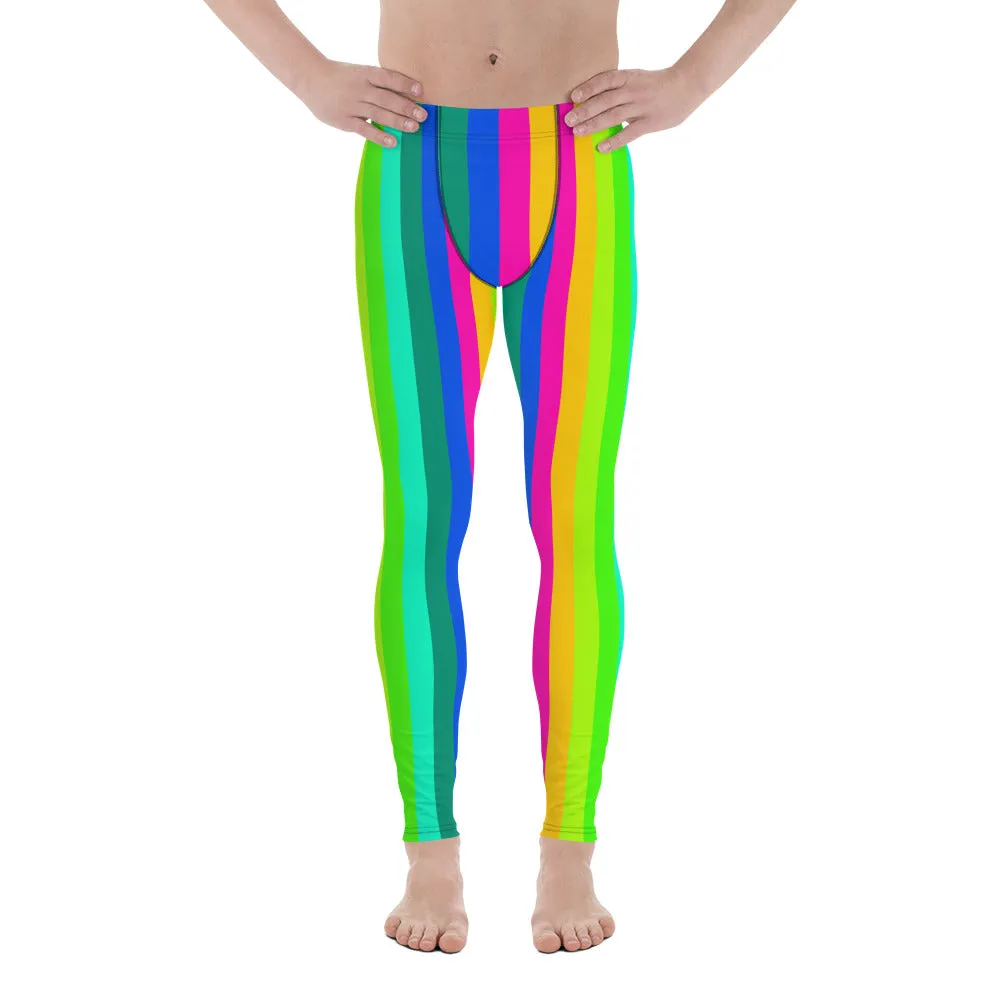 Rainbow Striped Print Men's Leggings, Black Colorful Fun Gay Pride Tights-Made in USA/EU