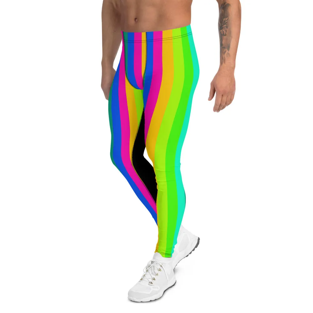 Rainbow Striped Print Men's Leggings, Black Colorful Fun Gay Pride Tights-Made in USA/EU