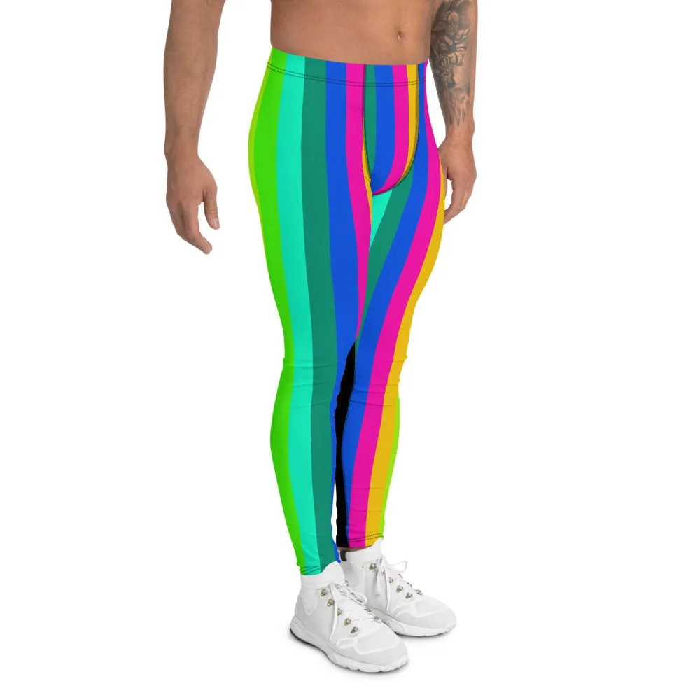 Rainbow Striped Print Men's Leggings, Black Colorful Fun Gay Pride Tights-Made in USA/EU