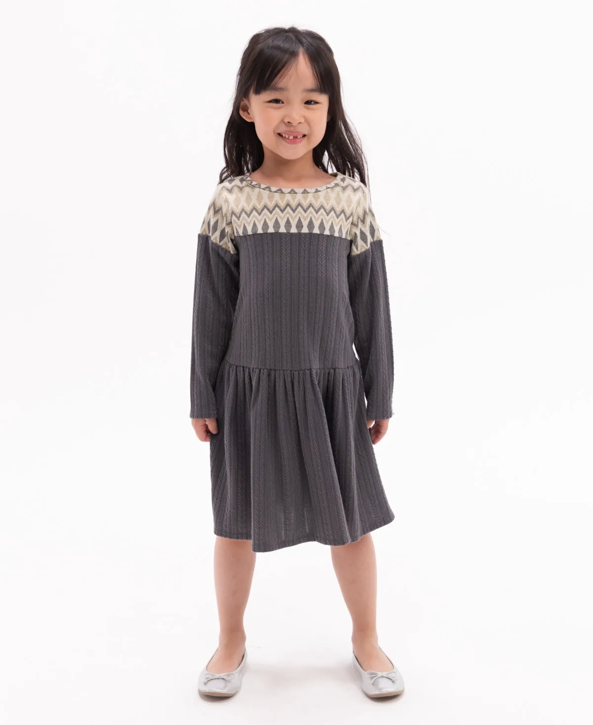 Rare Editions Little Girls Long Sleeve Drop Waist Rib Knit Dress - Gray