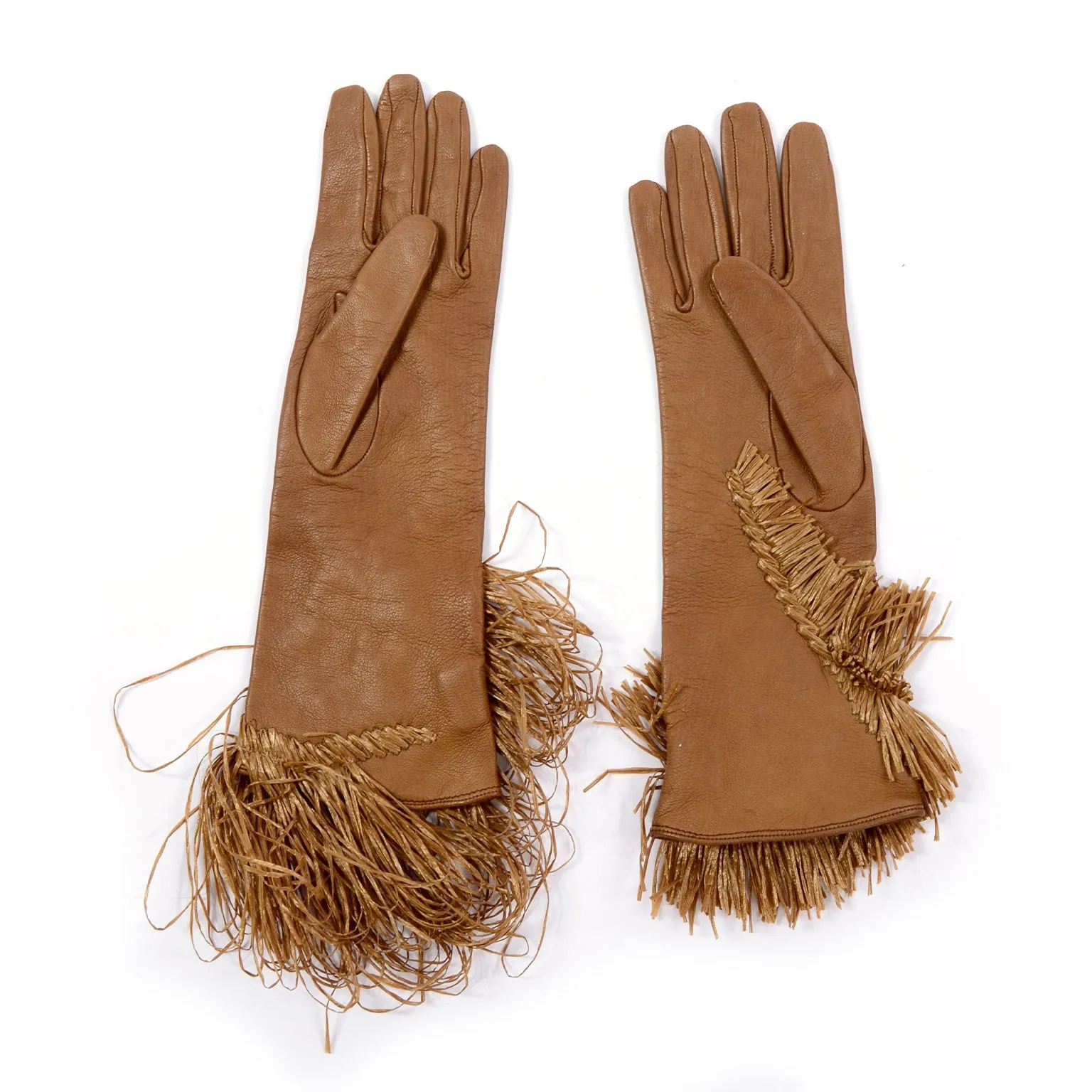 Rare Gianfranco Ferre Vintage Soft Leather Gloves w/ Embroidered Raffia