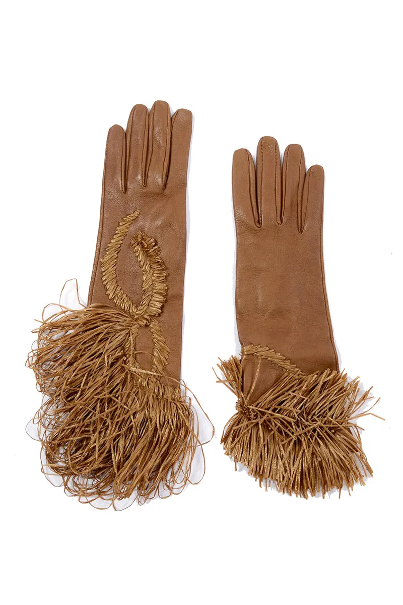 Rare Gianfranco Ferre Vintage Soft Leather Gloves w/ Embroidered Raffia