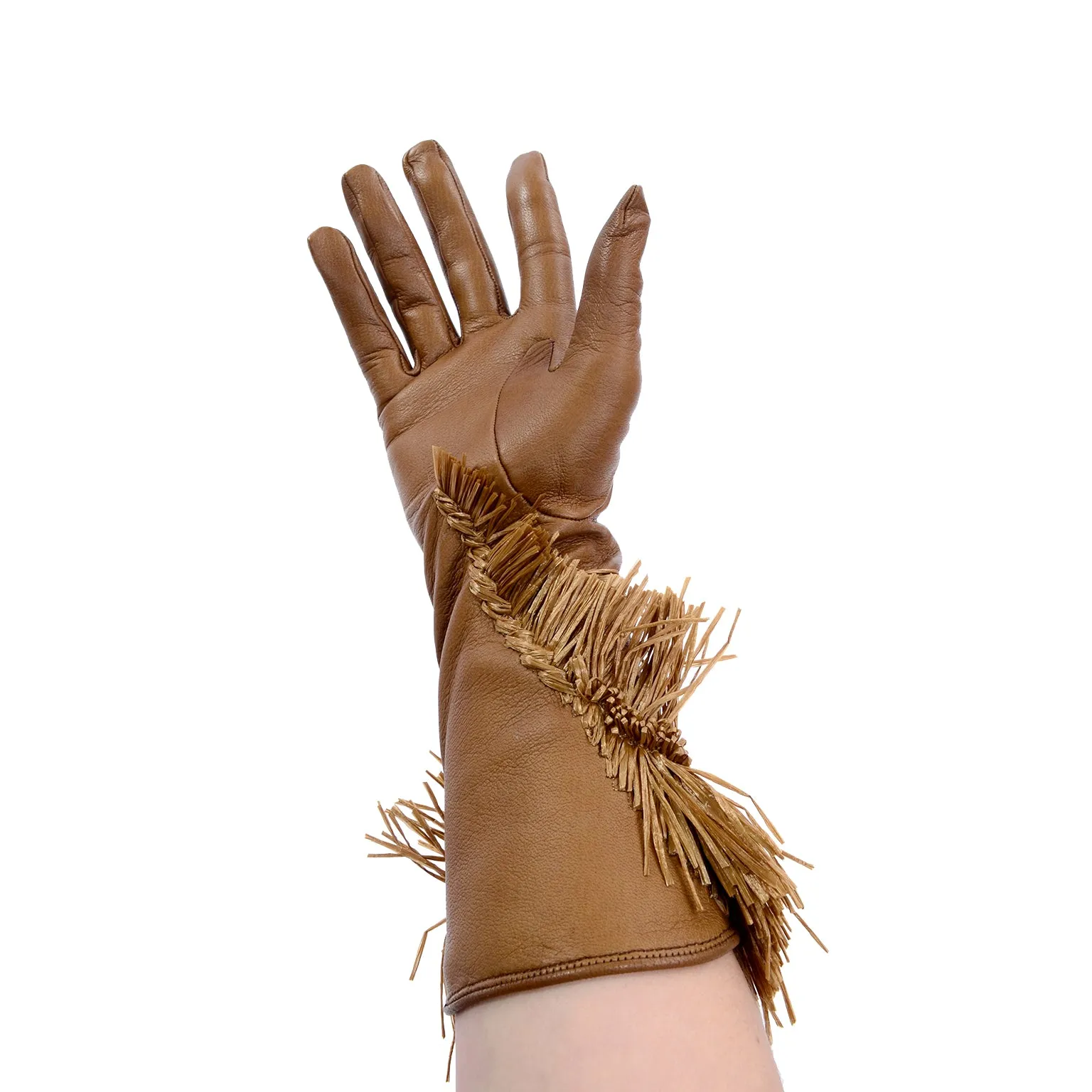 Rare Gianfranco Ferre Vintage Soft Leather Gloves w/ Embroidered Raffia