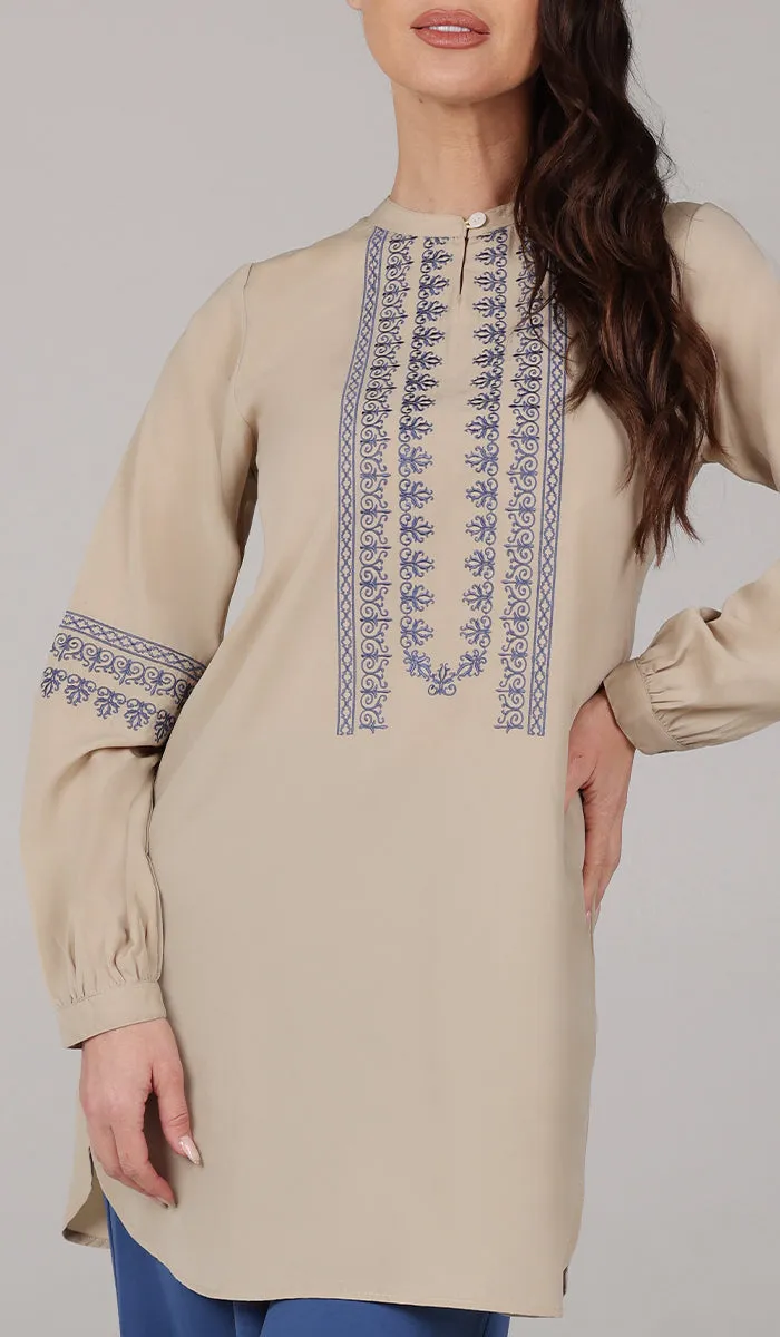 Razia Embroidered Long Modest Tunic - Biscuit