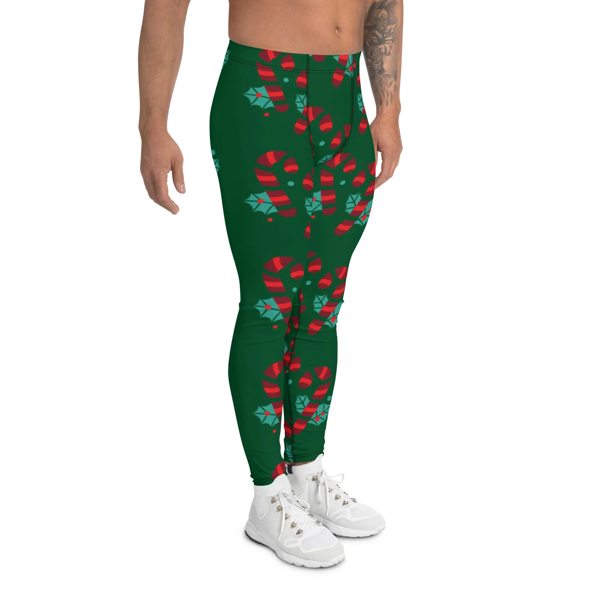 Red Candy Cane Meggings, Green and Red Colorful Christmas Candy Cane Style Gym Tights For Men - Made in USA/EU/MX