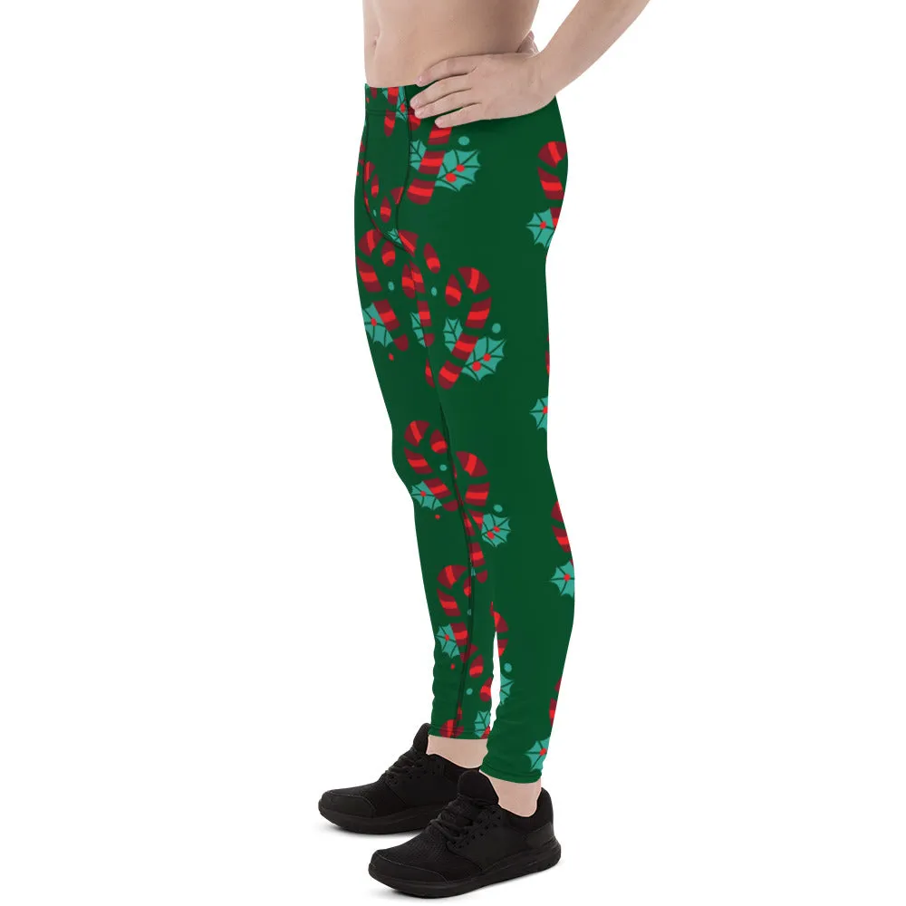 Red Candy Cane Meggings, Green and Red Colorful Christmas Candy Cane Style Gym Tights For Men - Made in USA/EU/MX