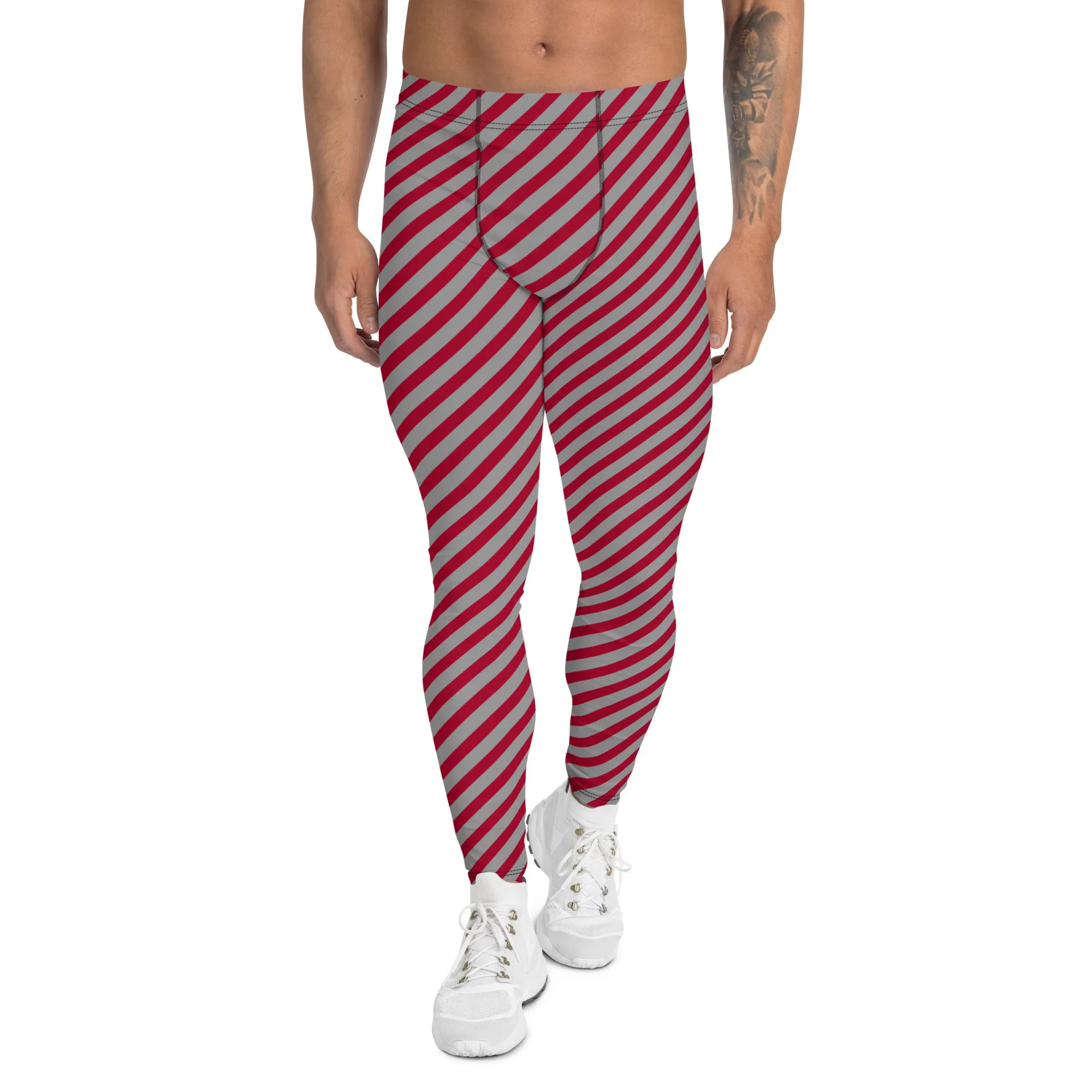 Red Grey Diagonal Striped Meggings, Colorful Best Compression Tights For Men - Made in USA/EU/MX