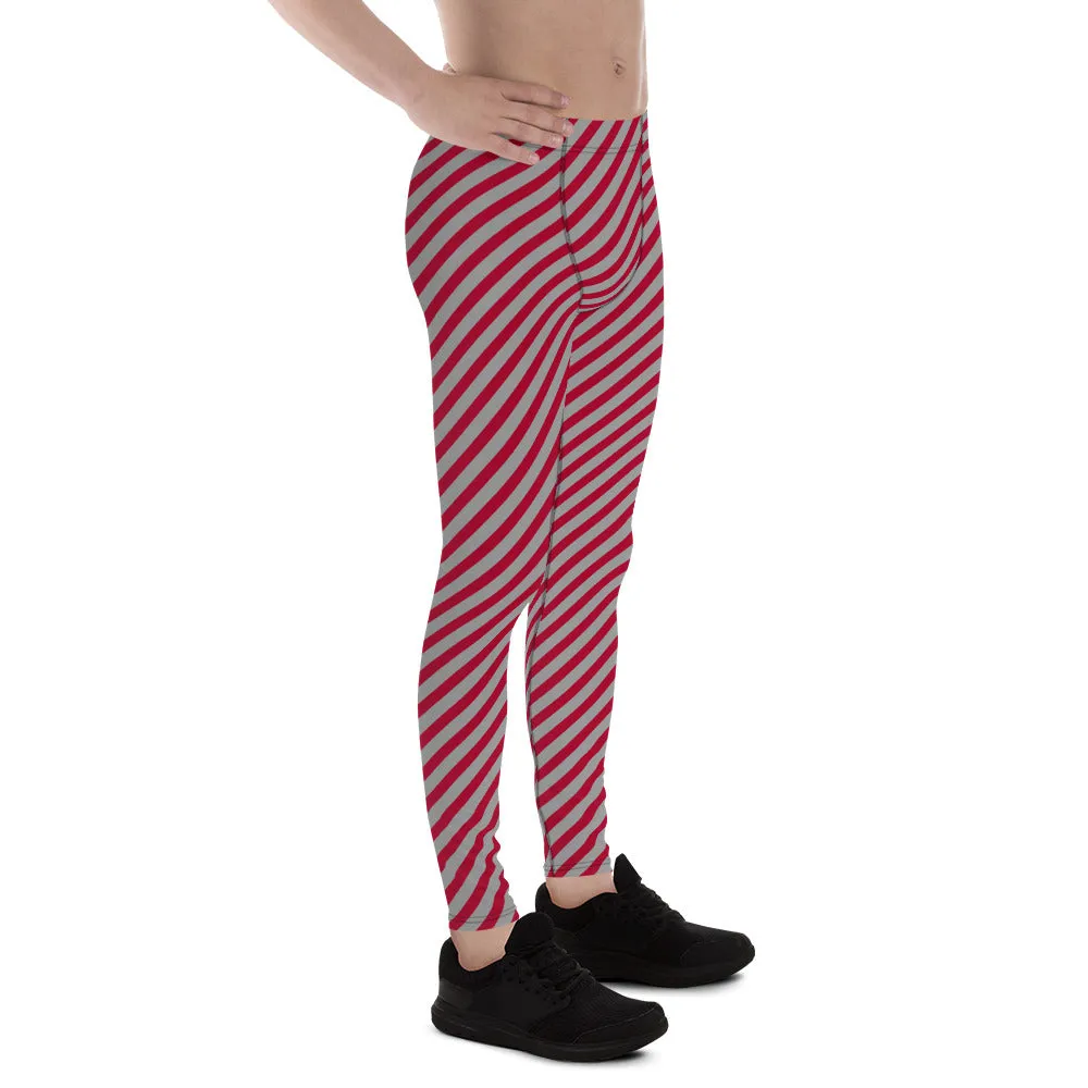 Red Grey Diagonal Striped Meggings, Colorful Best Compression Tights For Men - Made in USA/EU/MX