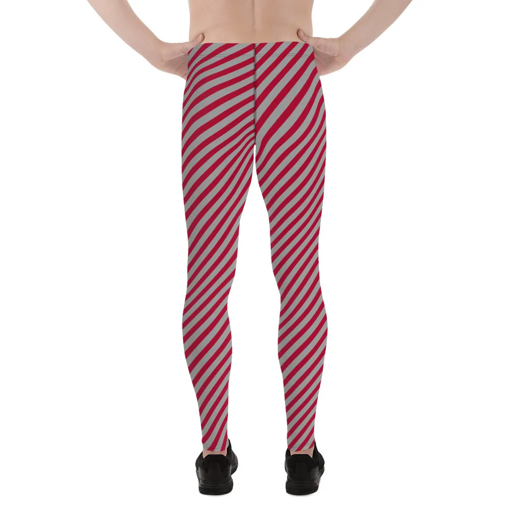 Red Grey Diagonal Striped Meggings, Colorful Best Compression Tights For Men - Made in USA/EU/MX