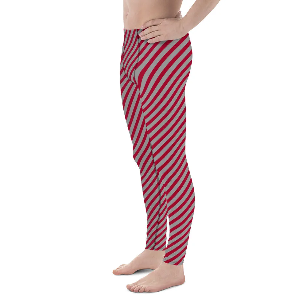 Red Grey Diagonal Striped Meggings, Colorful Best Compression Tights For Men - Made in USA/EU/MX