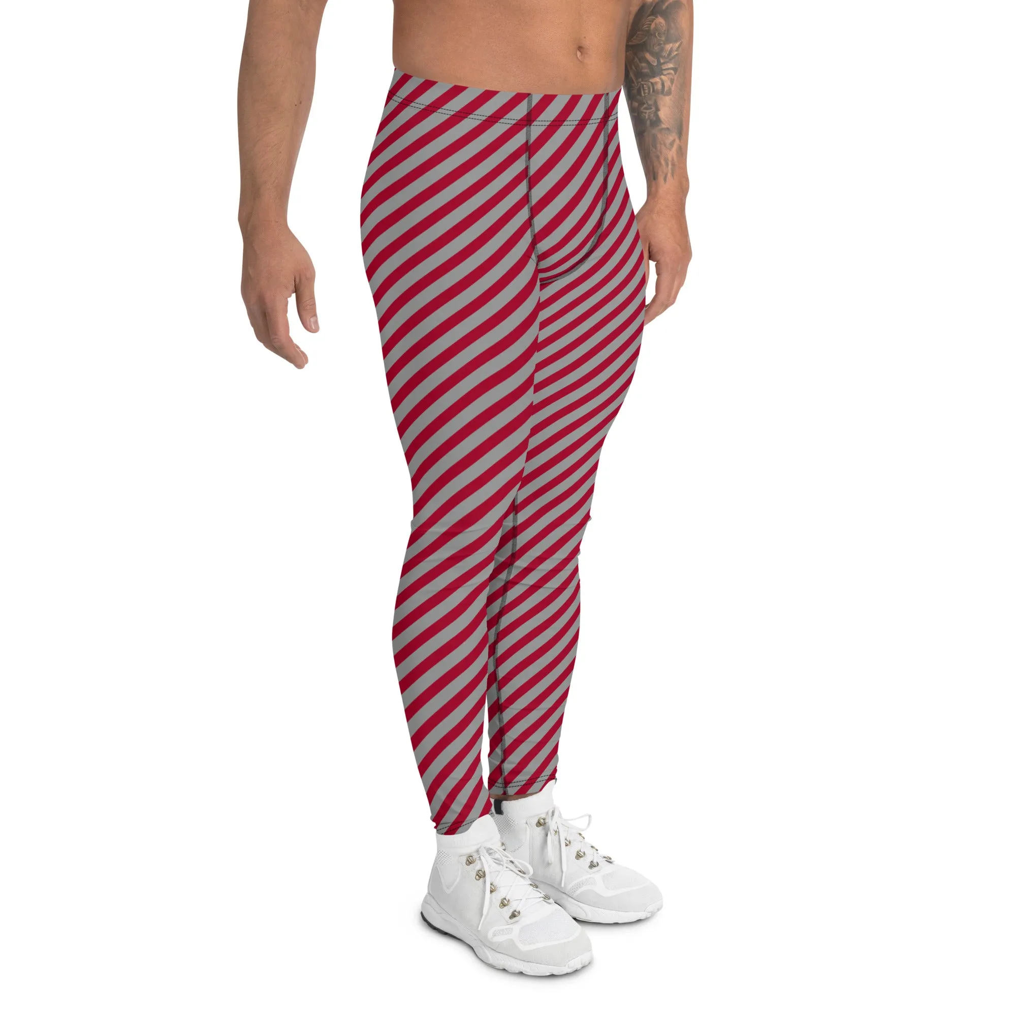 Red Grey Diagonal Striped Meggings, Colorful Best Compression Tights For Men - Made in USA/EU/MX