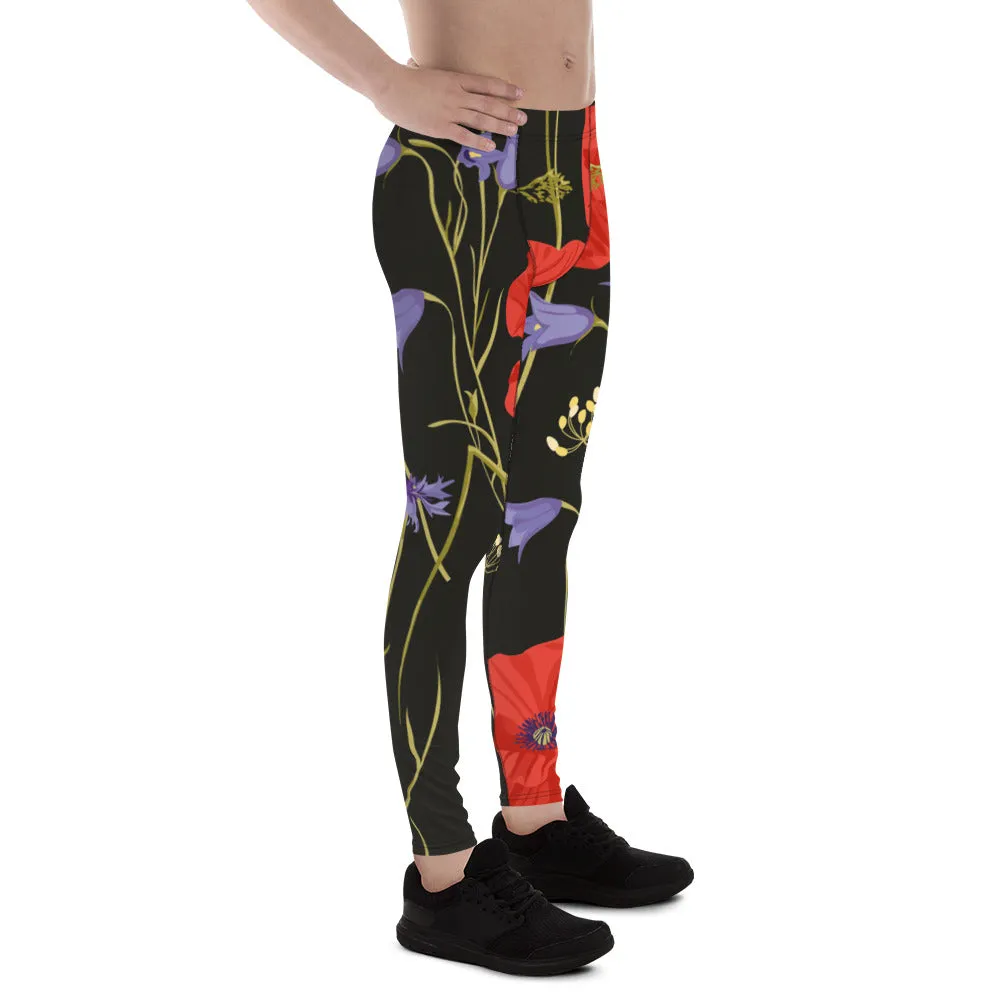 Red Poppy Floral Men's Leggings, Classic Flower Print Best Designer Compression Tights For Men-Made in USA/EU/MX