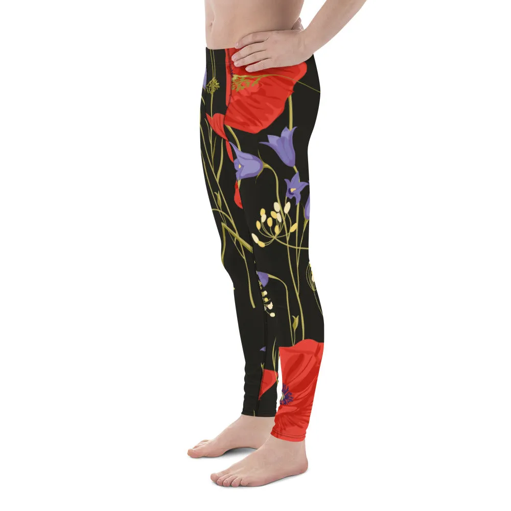 Red Poppy Floral Men's Leggings, Classic Flower Print Best Designer Compression Tights For Men-Made in USA/EU/MX