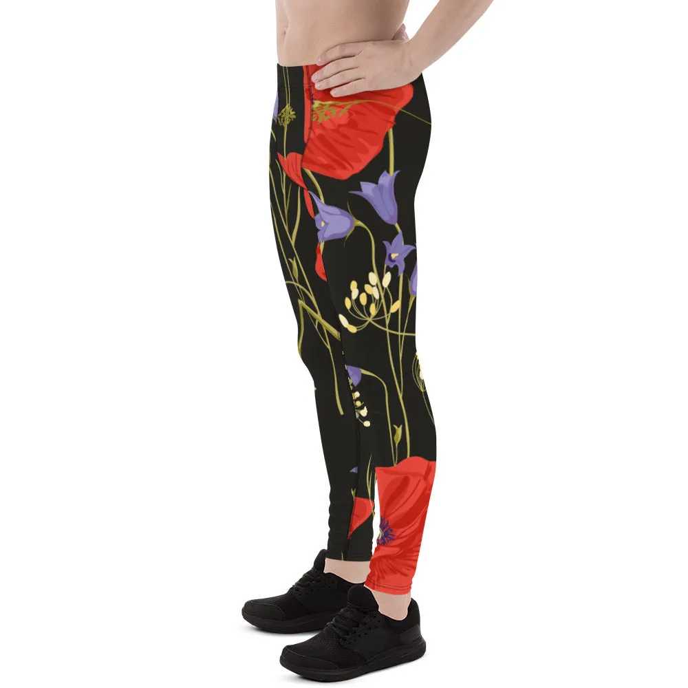 Red Poppy Floral Men's Leggings, Classic Flower Print Best Designer Compression Tights For Men-Made in USA/EU/MX