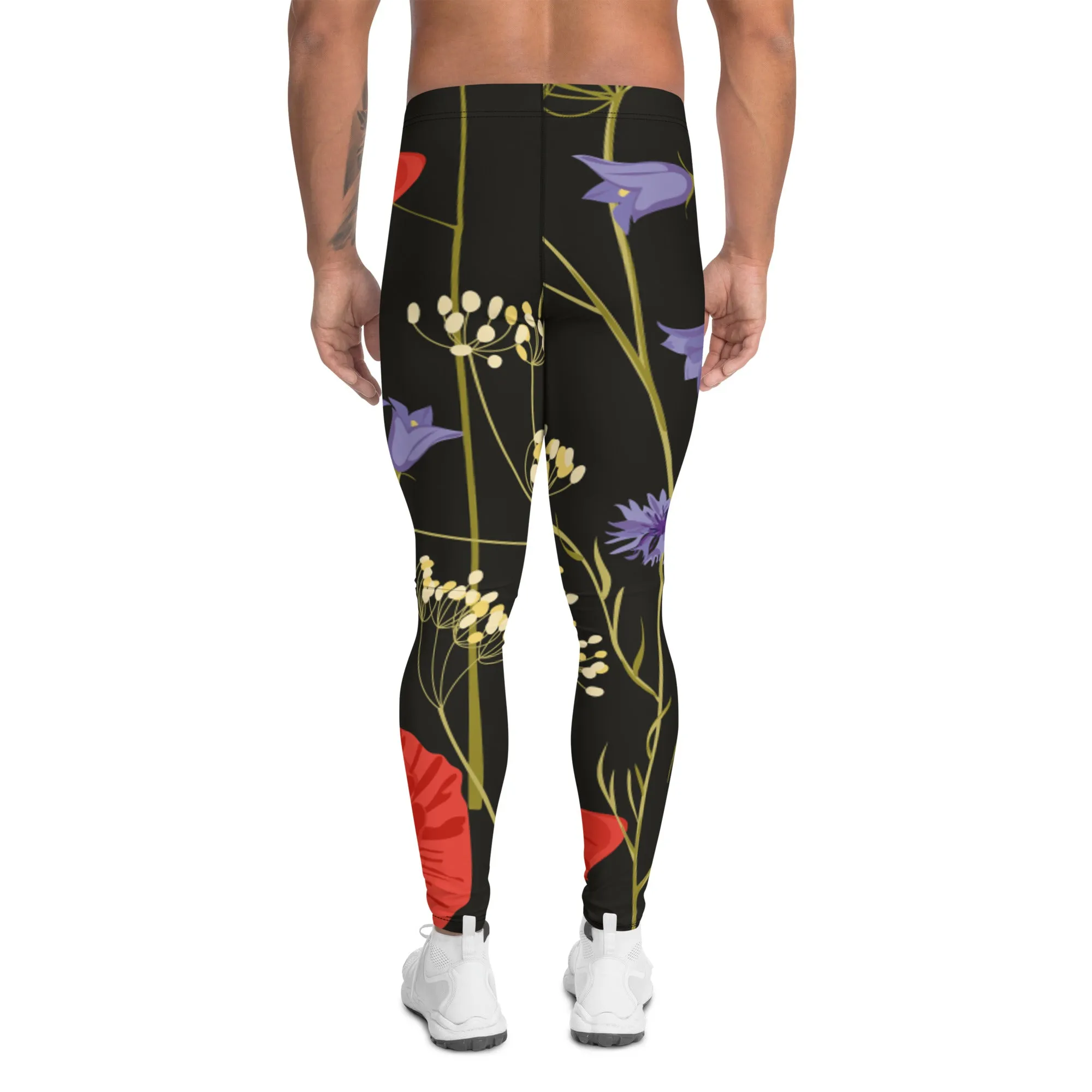 Red Poppy Floral Men's Leggings, Classic Flower Print Best Designer Compression Tights For Men-Made in USA/EU/MX