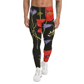 Red Poppy Floral Men's Leggings, Classic Flower Print Best Designer Compression Tights For Men-Made in USA/EU/MX