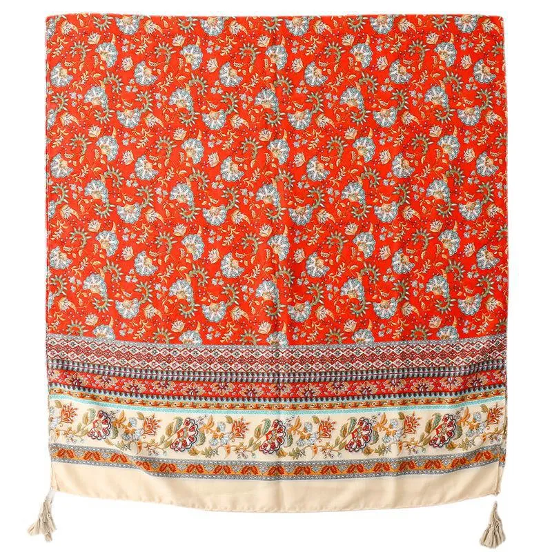 Retro Ethnic Style Shawl Red Flower Scarf Cotton Linen Scarf