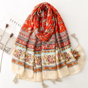 Retro Ethnic Style Shawl Red Flower Scarf Cotton Linen Scarf