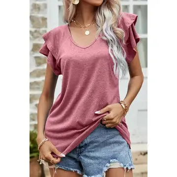 RUFFLED Short Sleeve Casual Tunic Top in Blue and Mauve