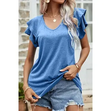 RUFFLED Short Sleeve Casual Tunic Top in Blue and Mauve