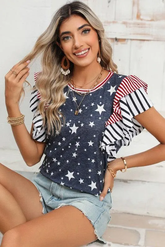 Ruffled Sleeve Patriotic Top