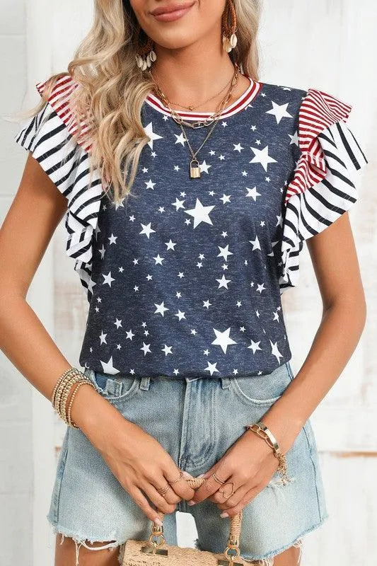 Ruffled Sleeve Patriotic Top