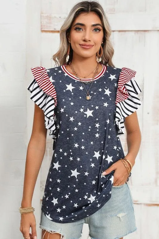 Ruffled Sleeve Patriotic Top