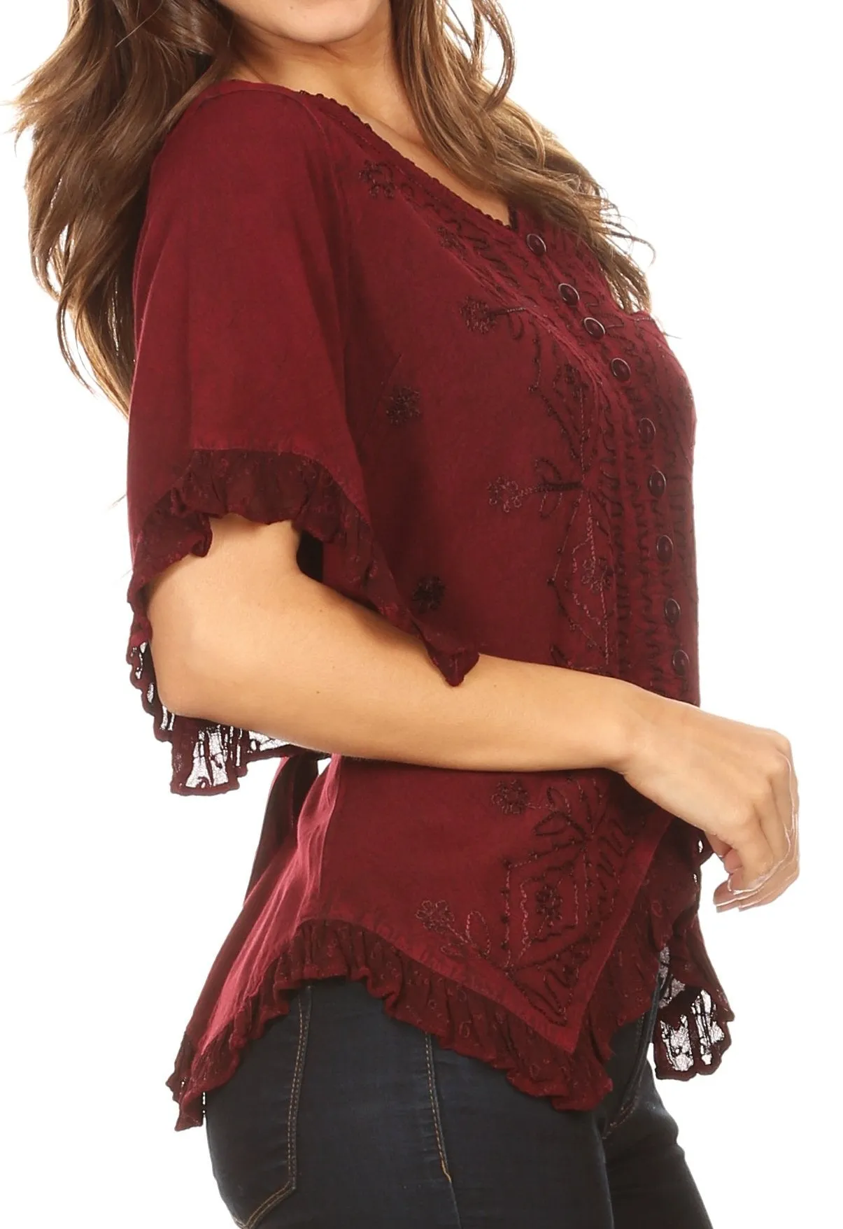 Sakkas Adela Womens 3/4 Sleeve V neck Lace and Embroidery Top Blouse with Ties