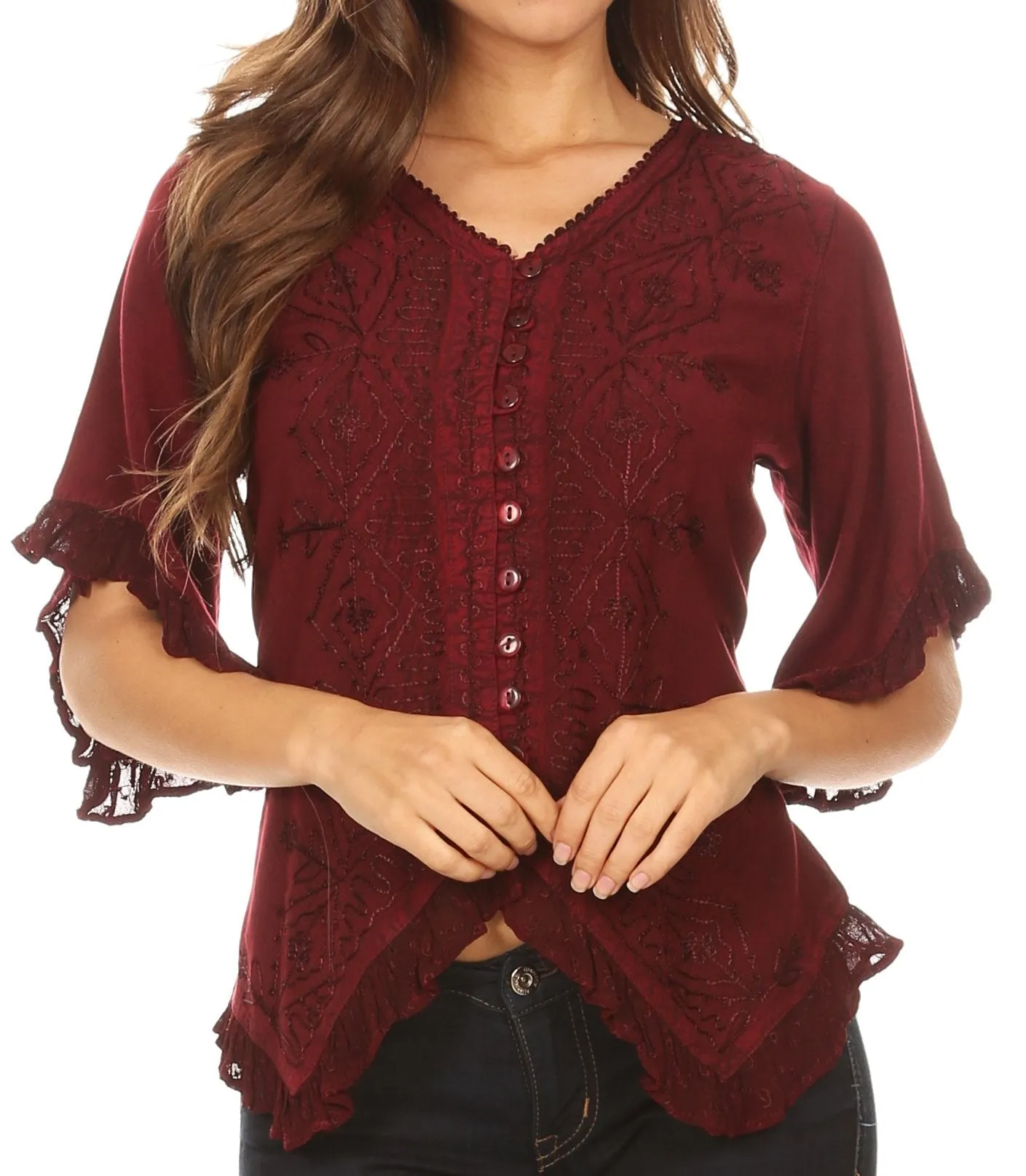 Sakkas Adela Womens 3/4 Sleeve V neck Lace and Embroidery Top Blouse with Ties