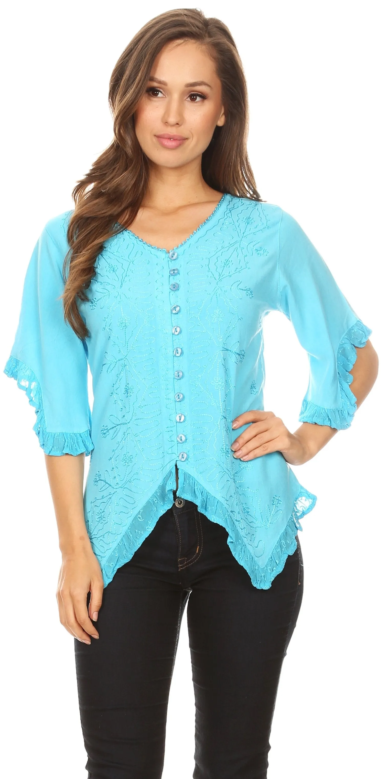 Sakkas Adela Womens 3/4 Sleeve V neck Lace and Embroidery Top Blouse with Ties