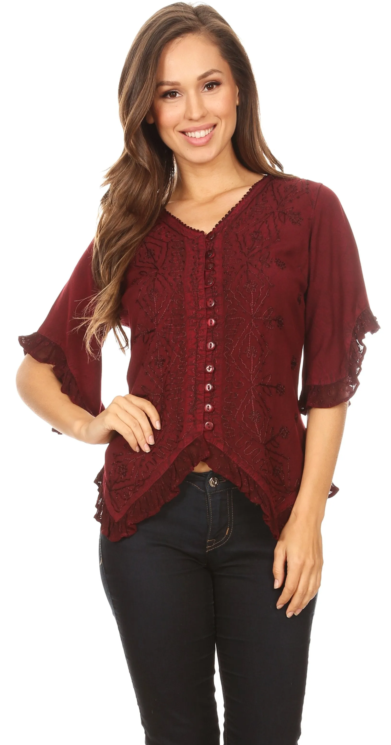 Sakkas Adela Womens 3/4 Sleeve V neck Lace and Embroidery Top Blouse with Ties