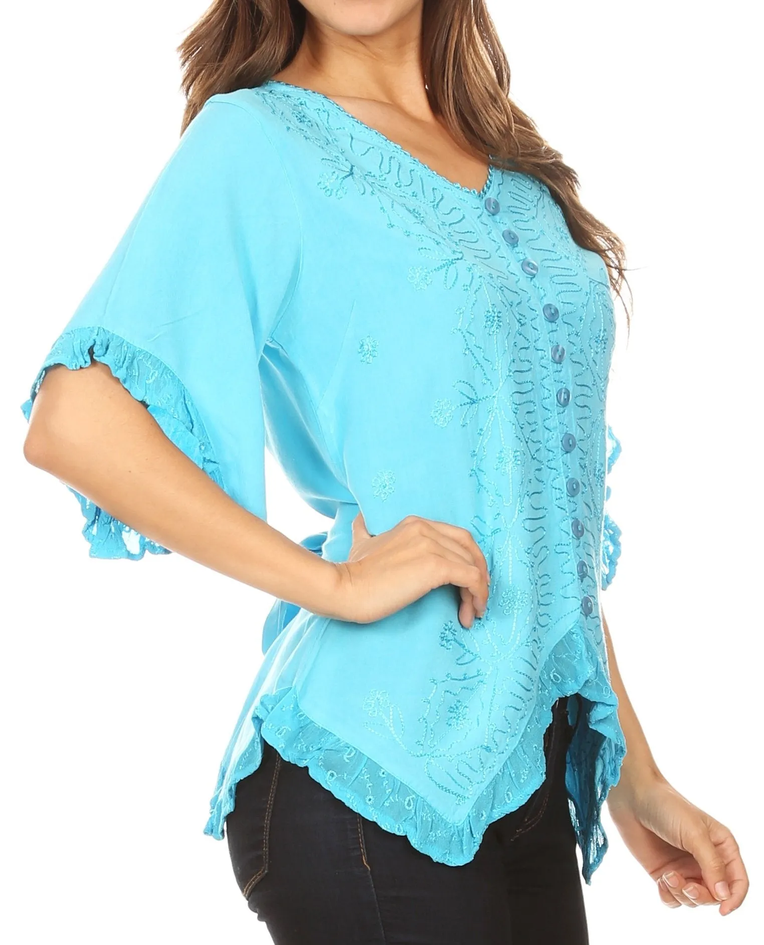 Sakkas Adela Womens 3/4 Sleeve V neck Lace and Embroidery Top Blouse with Ties