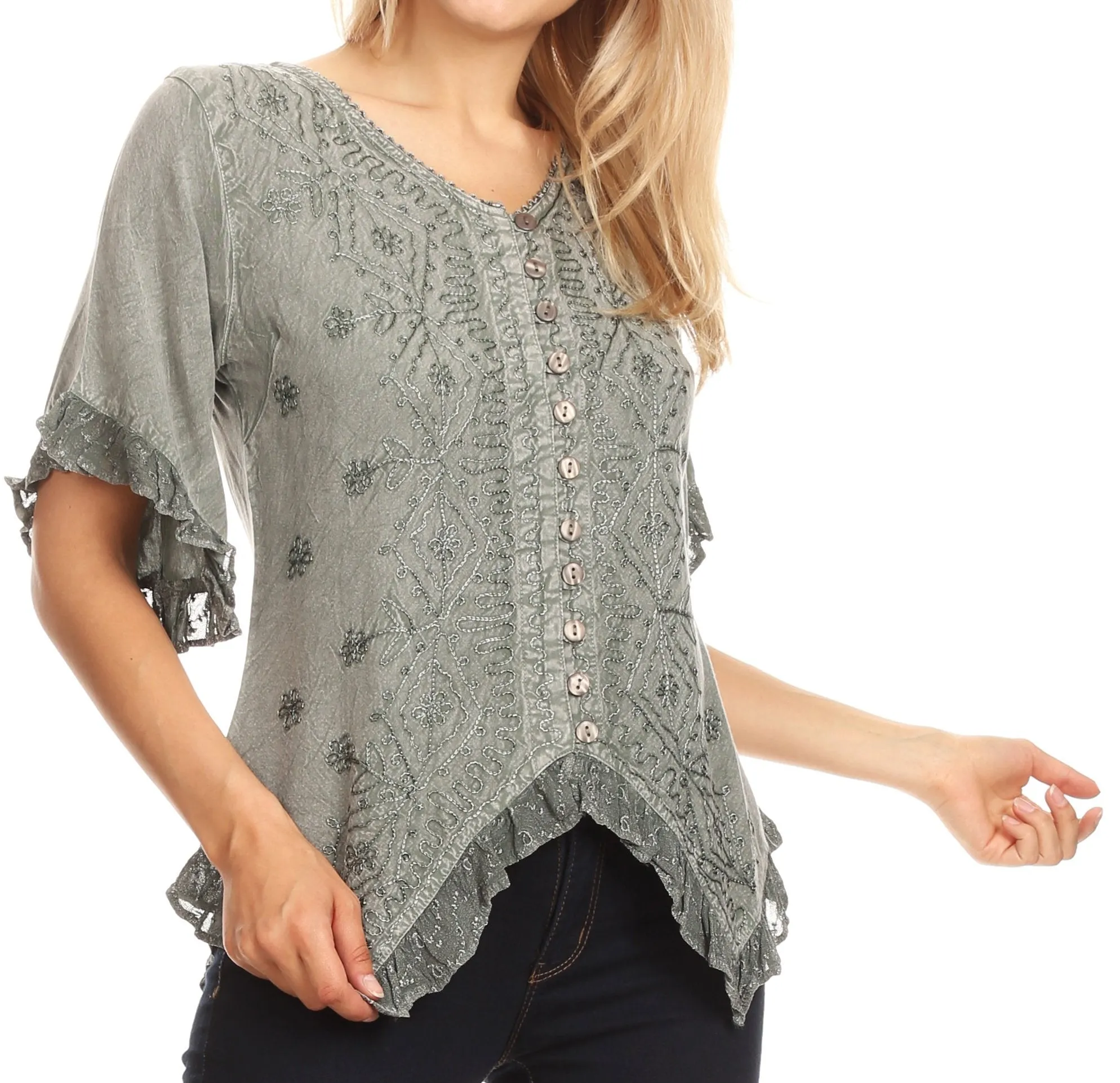 Sakkas Adela Womens 3/4 Sleeve V neck Lace and Embroidery Top Blouse with Ties