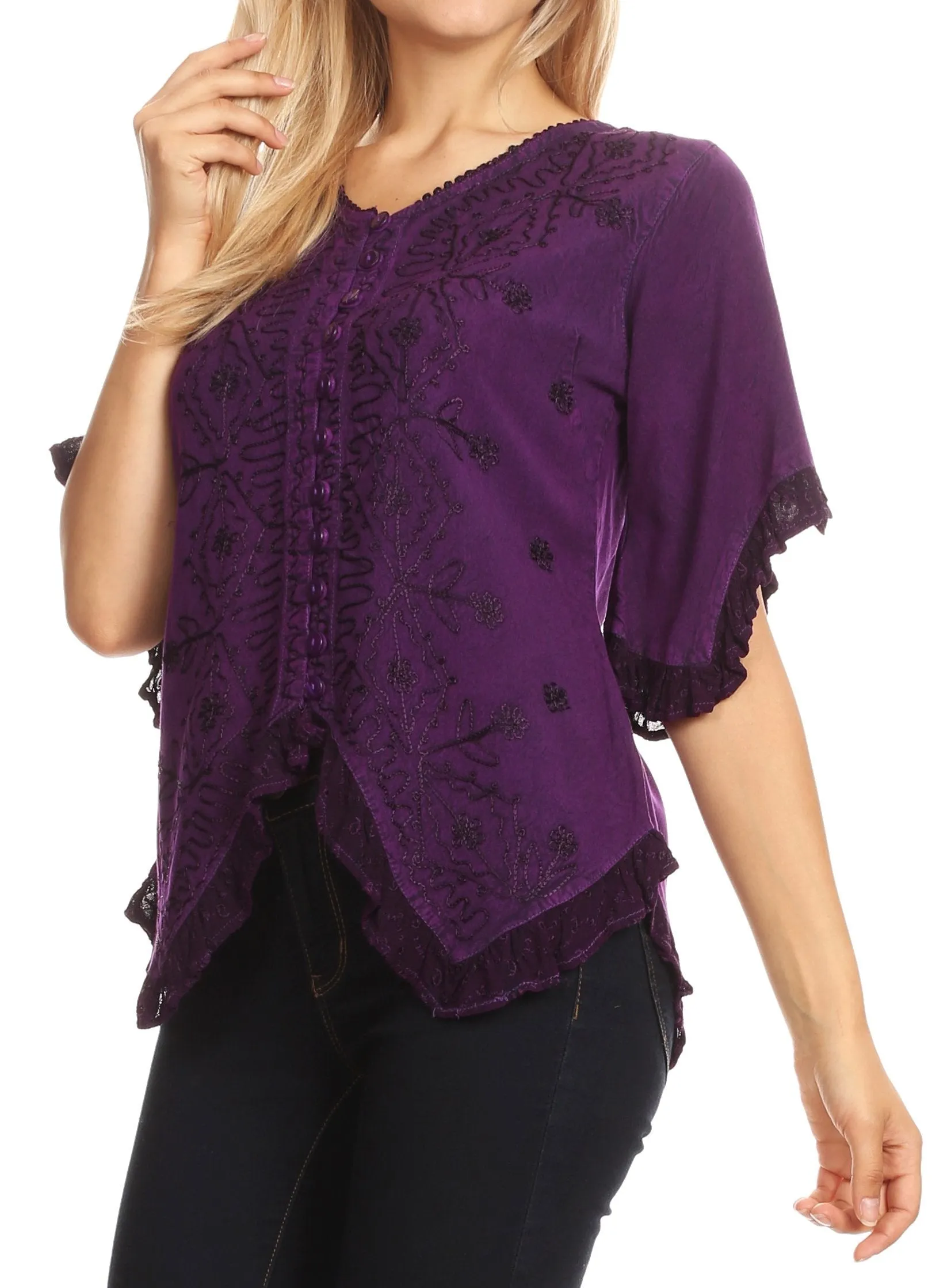 Sakkas Adela Womens 3/4 Sleeve V neck Lace and Embroidery Top Blouse with Ties