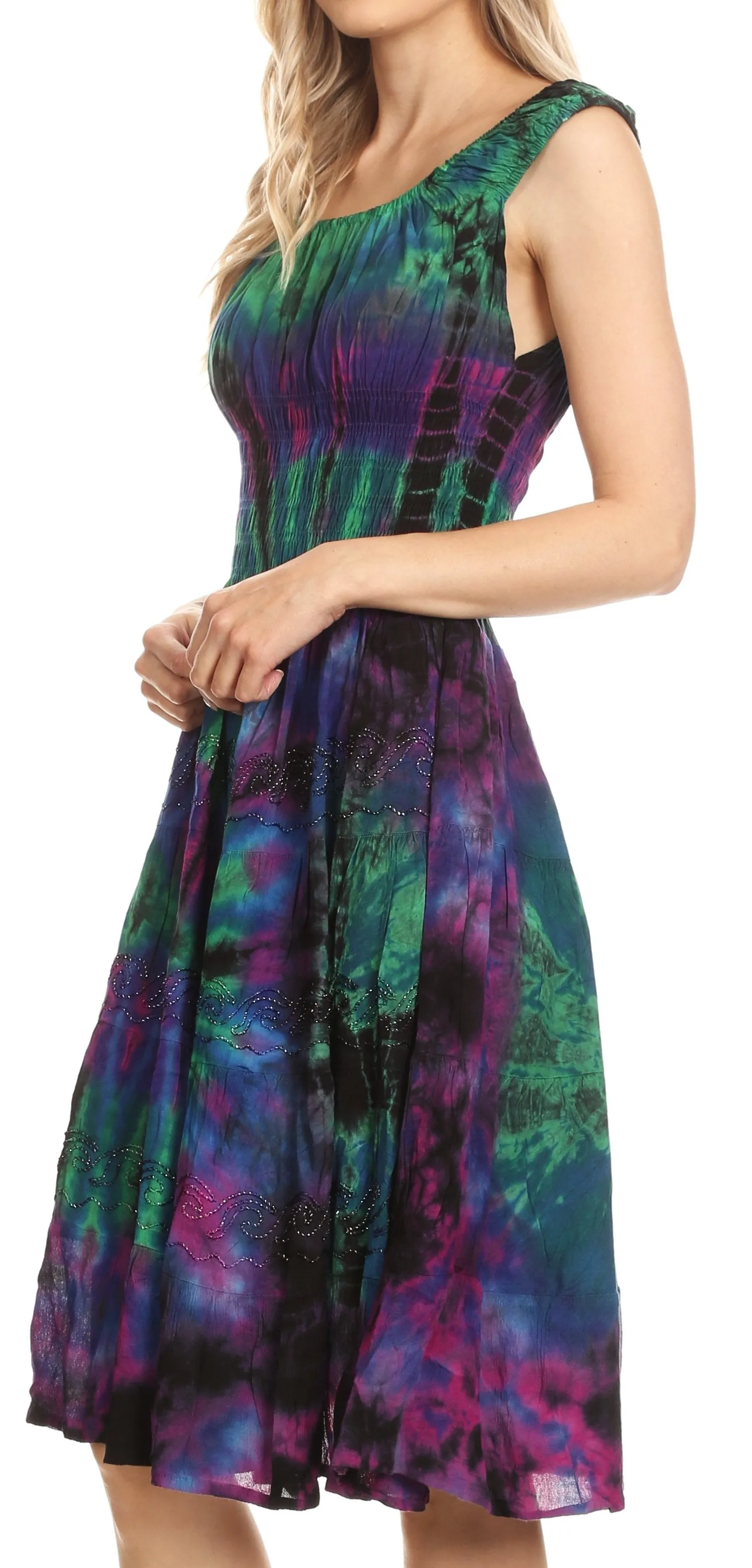 Sakkas Alba Women's Off The Shoulder Smock Ruffle Midi Dress Tie Dye & Embroidery