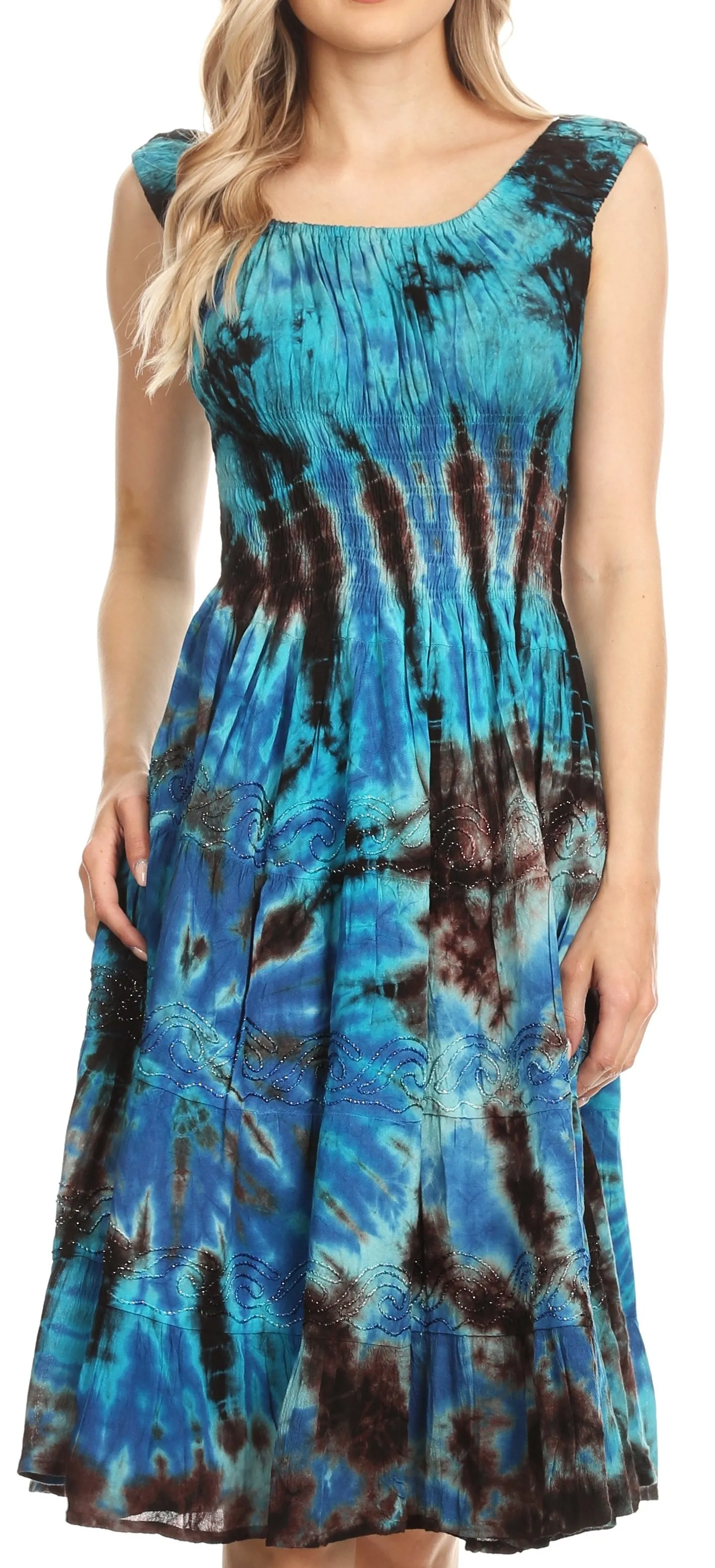 Sakkas Alba Women's Off The Shoulder Smock Ruffle Midi Dress Tie Dye & Embroidery