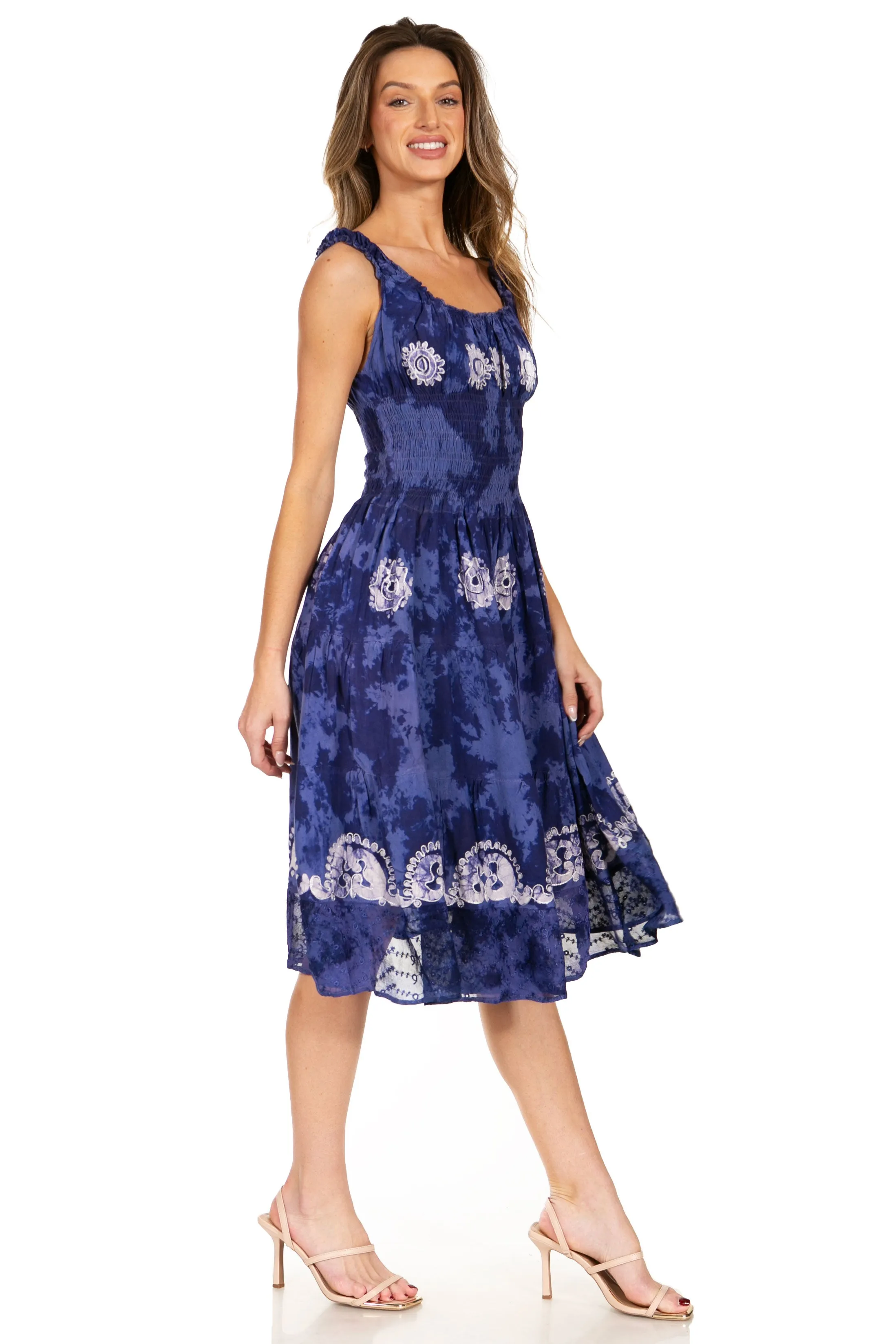 Sakkas Alba Women's Off The Shoulder Smock Ruffle Midi Dress Tie Dye & Embroidery