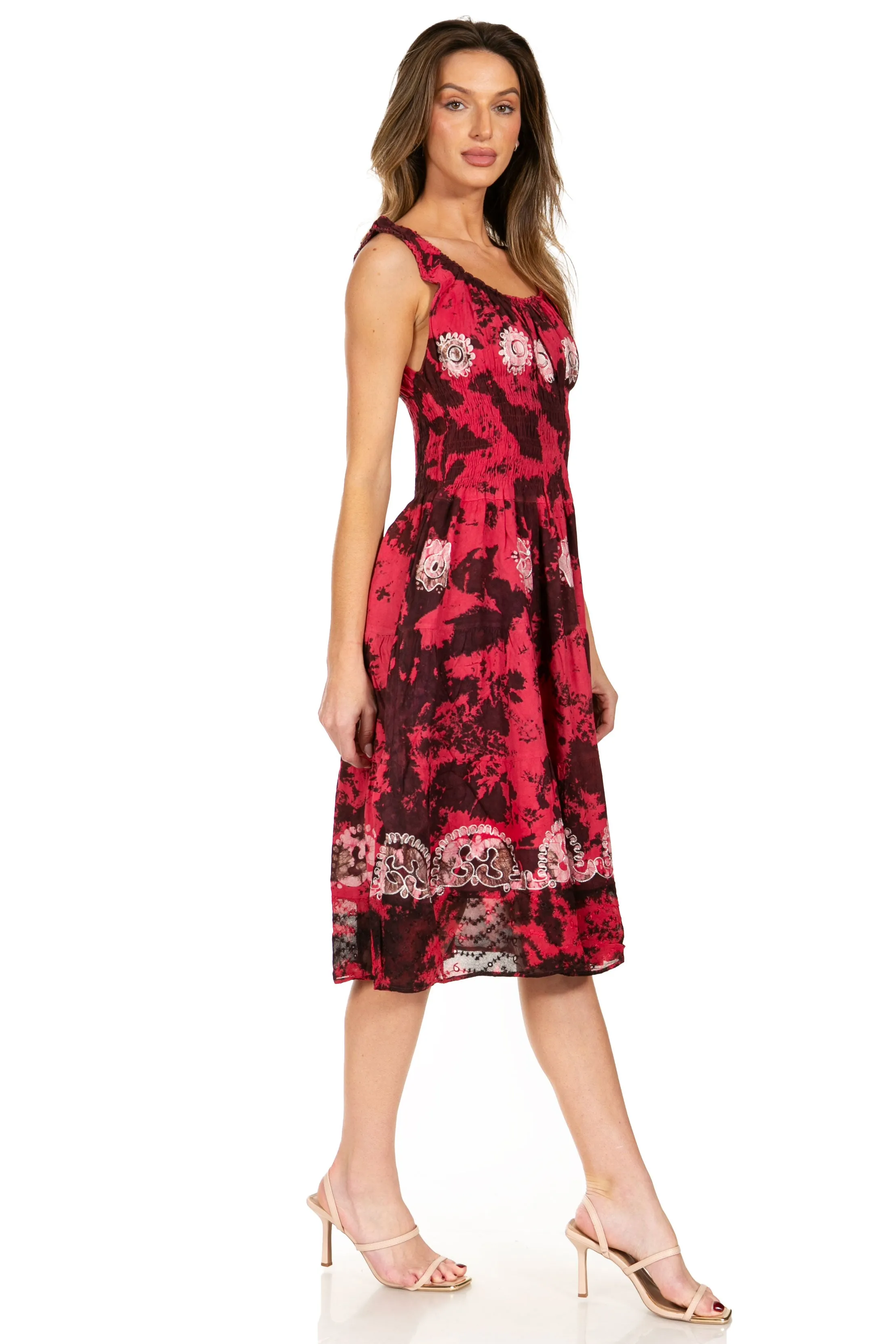 Sakkas Alba Women's Off The Shoulder Smock Ruffle Midi Dress Tie Dye & Embroidery