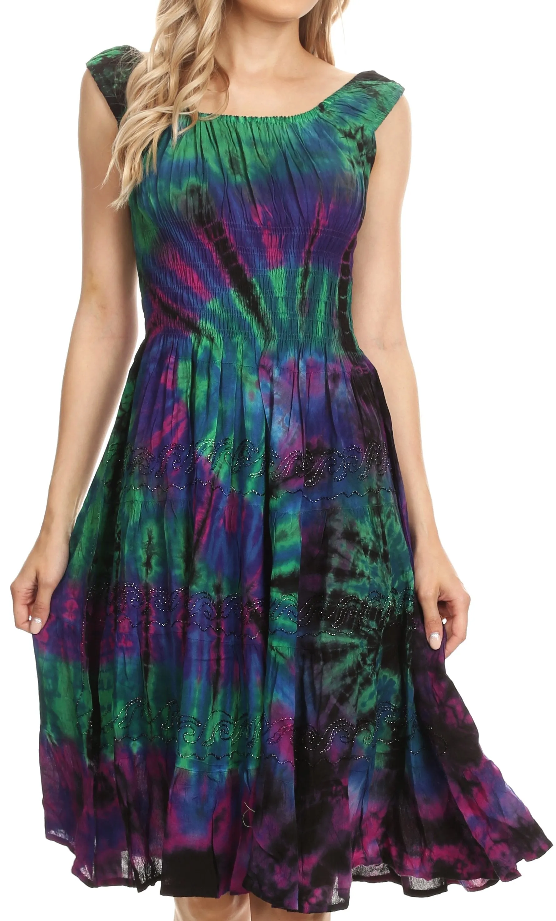 Sakkas Alba Women's Off The Shoulder Smock Ruffle Midi Dress Tie Dye & Embroidery