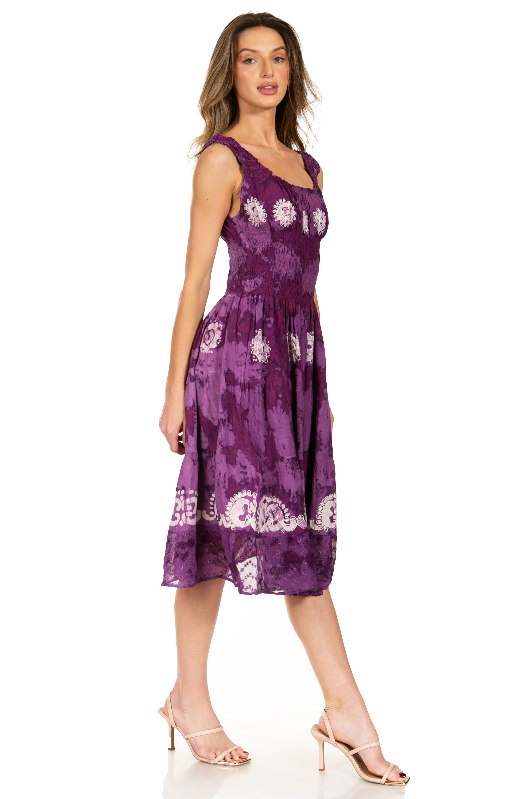 Sakkas Alba Women's Off The Shoulder Smock Ruffle Midi Dress Tie Dye & Embroidery