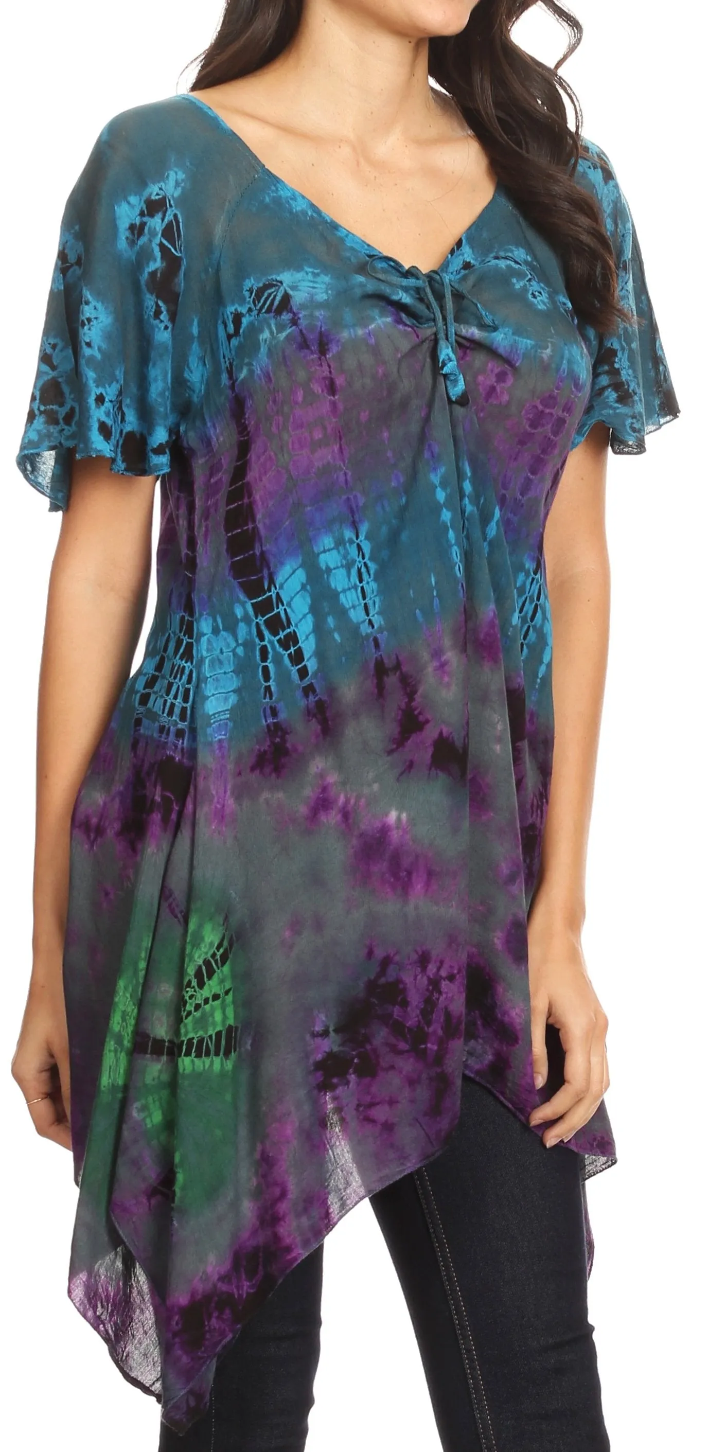 Sakkas Daniela Womens Short Sleeves Loose Tie Dye Blouse Top Tunic Asymmetrical