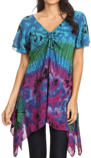 Sakkas Daniela Womens Short Sleeves Loose Tie Dye Blouse Top Tunic Asymmetrical