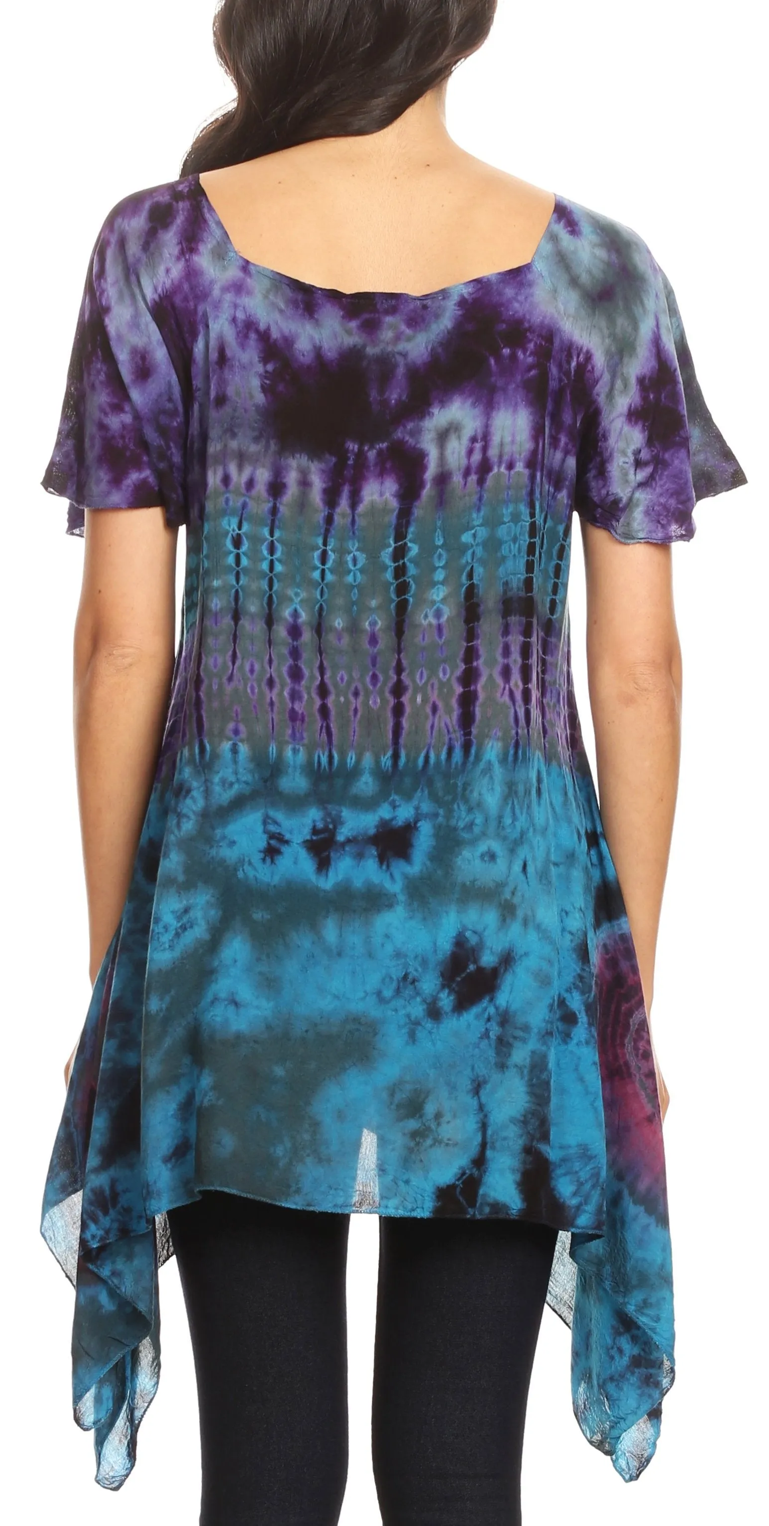 Sakkas Daniela Womens Short Sleeves Loose Tie Dye Blouse Top Tunic Asymmetrical