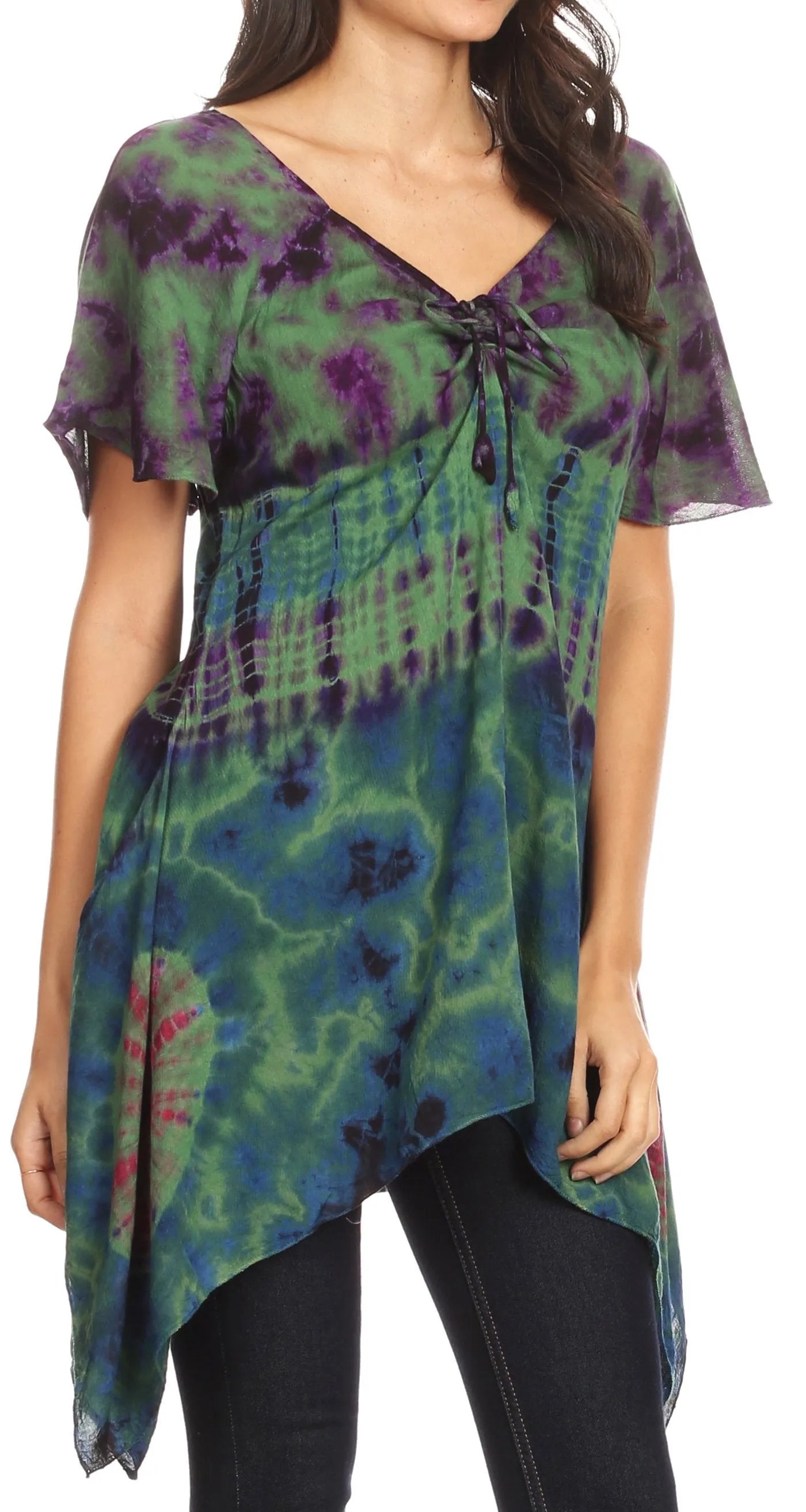 Sakkas Daniela Womens Short Sleeves Loose Tie Dye Blouse Top Tunic Asymmetrical