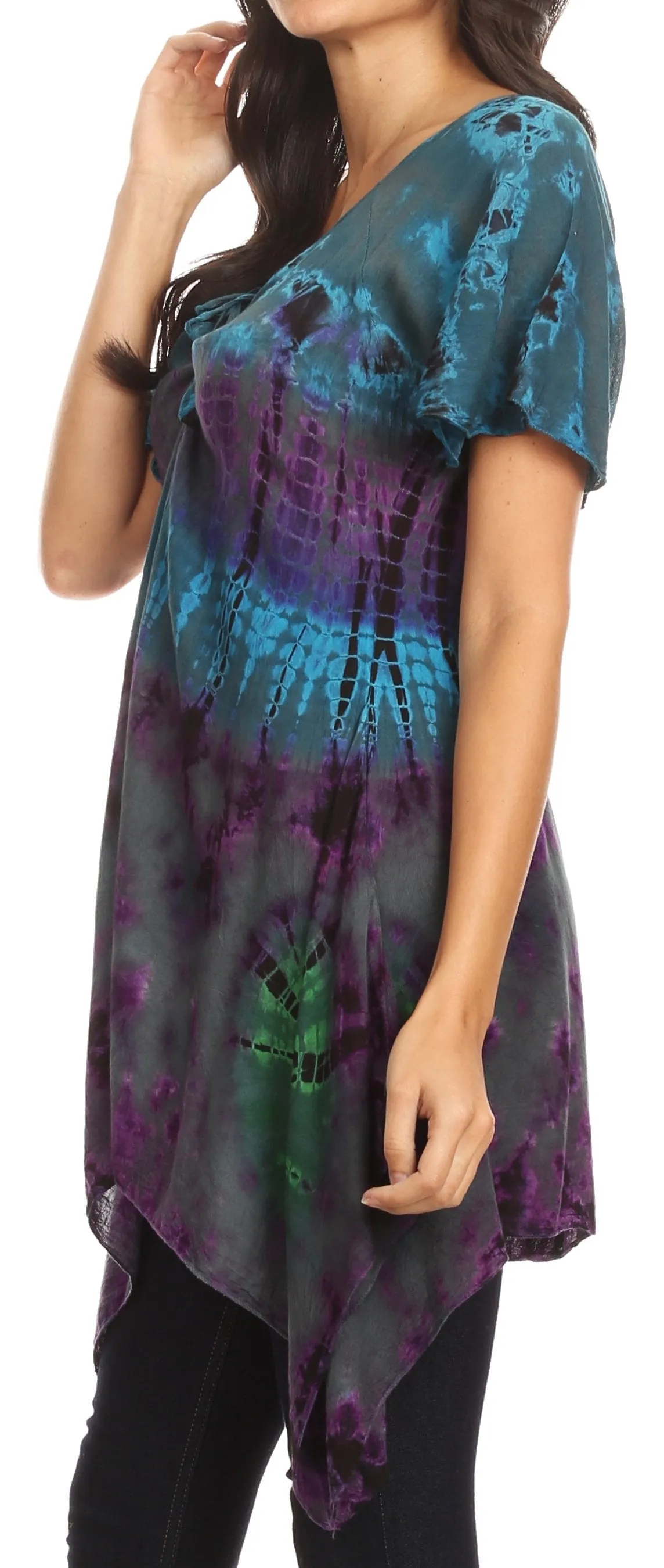 Sakkas Daniela Womens Short Sleeves Loose Tie Dye Blouse Top Tunic Asymmetrical