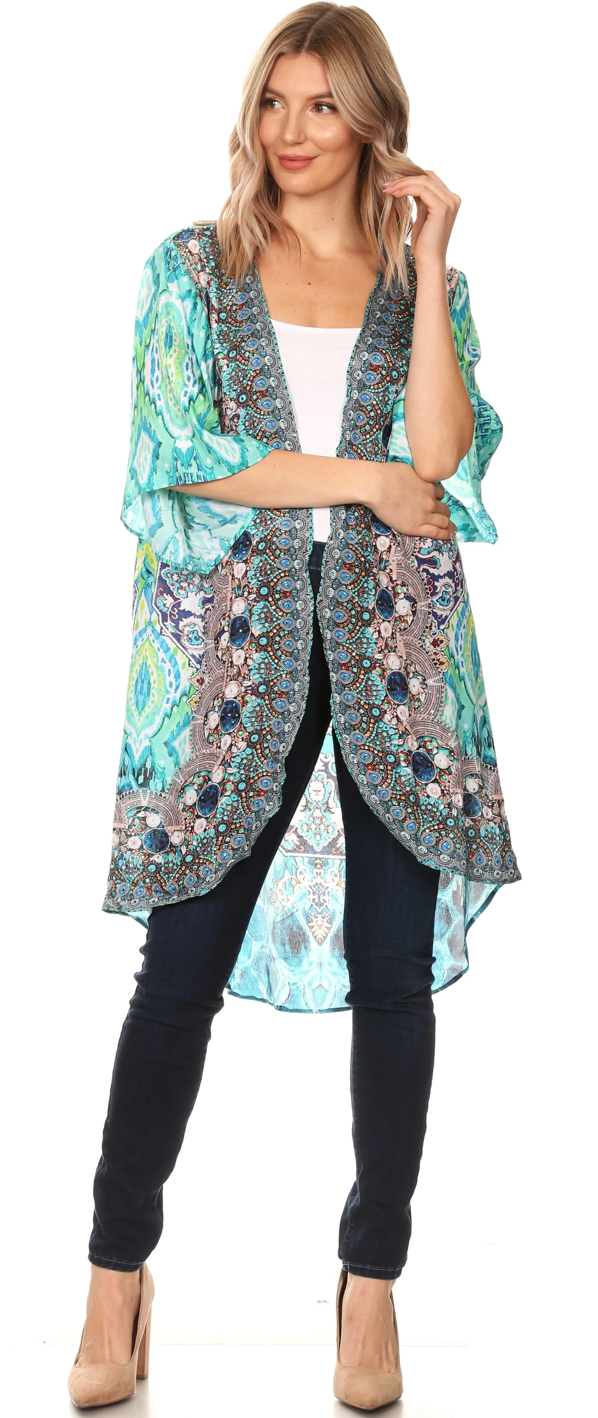 Sakkas Denora Women's Casual Draped Kimono Short Sleeve Boho Open Front Cardigan