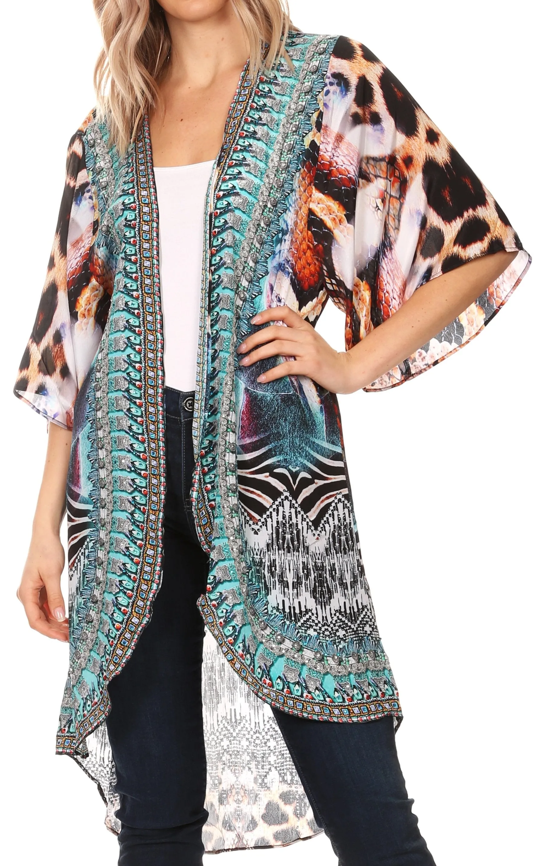 Sakkas Denora Women's Casual Draped Kimono Short Sleeve Boho Open Front Cardigan