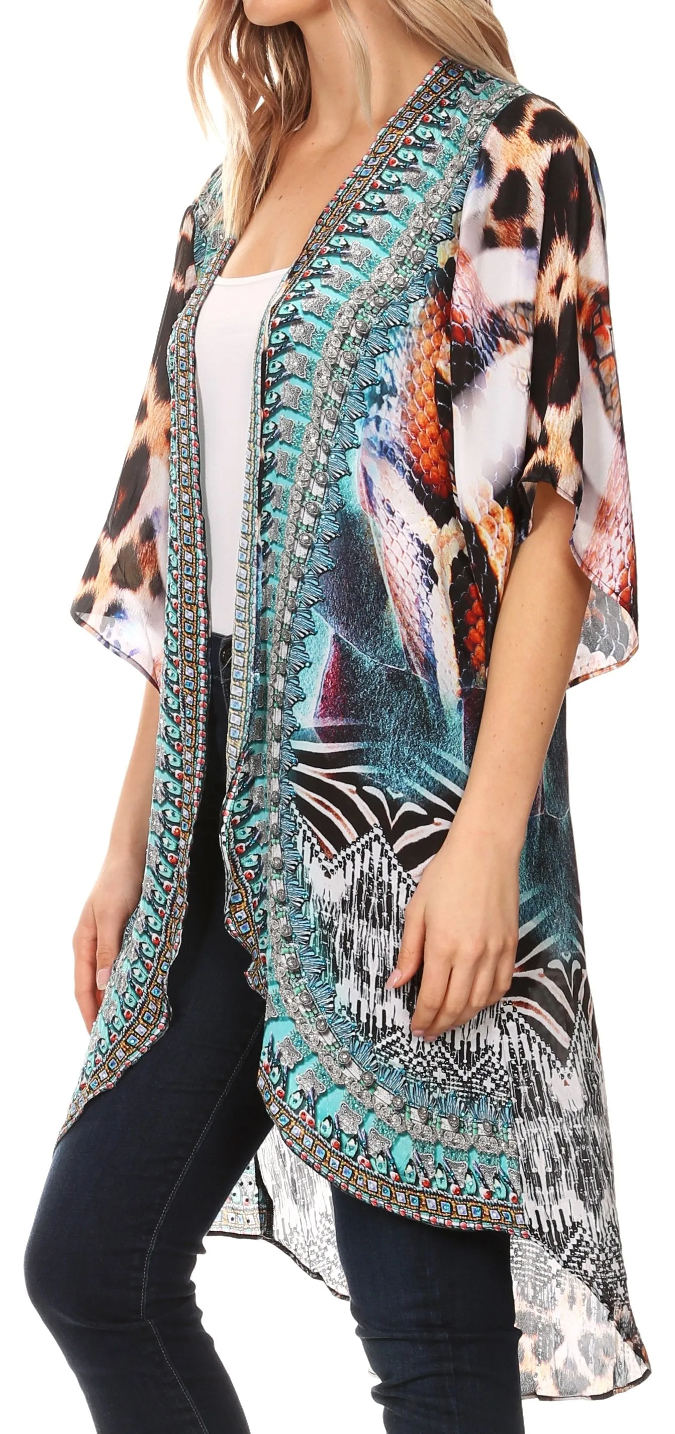 Sakkas Denora Women's Casual Draped Kimono Short Sleeve Boho Open Front Cardigan