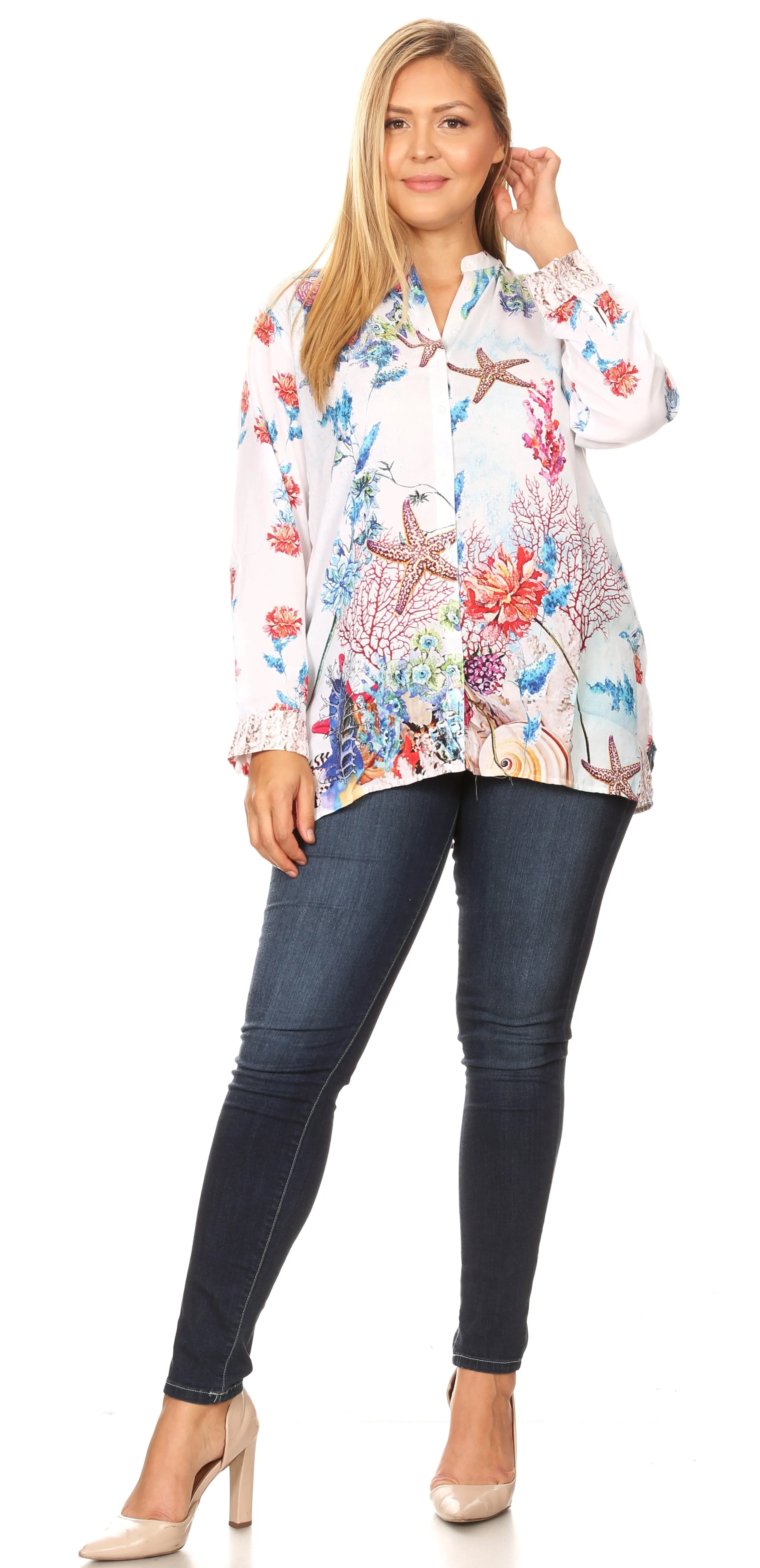 Sakkas Ditta Women's Casual Loose Long Sleeve Print Button Down Shirt Tunic Blouse